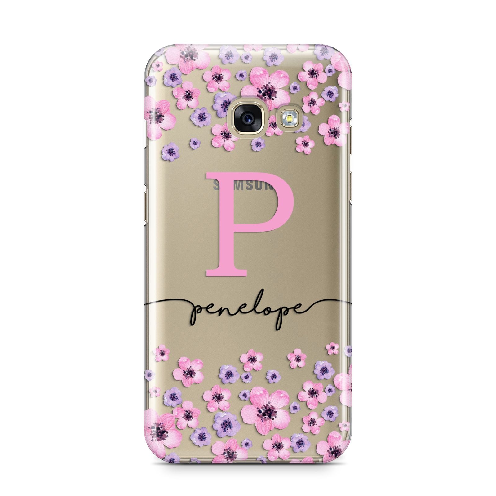 Personalised Pink Floral Samsung Galaxy A3 2017 Case on gold phone