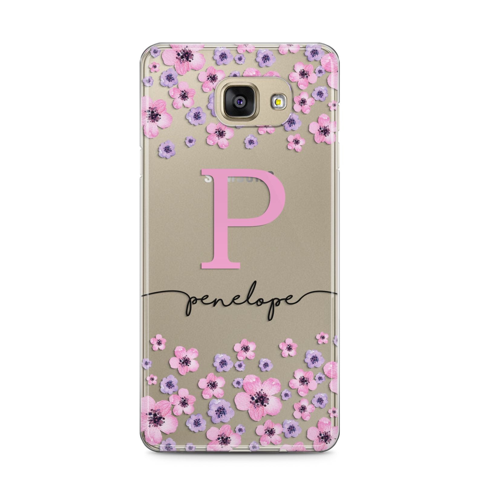 Personalised Pink Floral Samsung Galaxy A5 2016 Case on gold phone