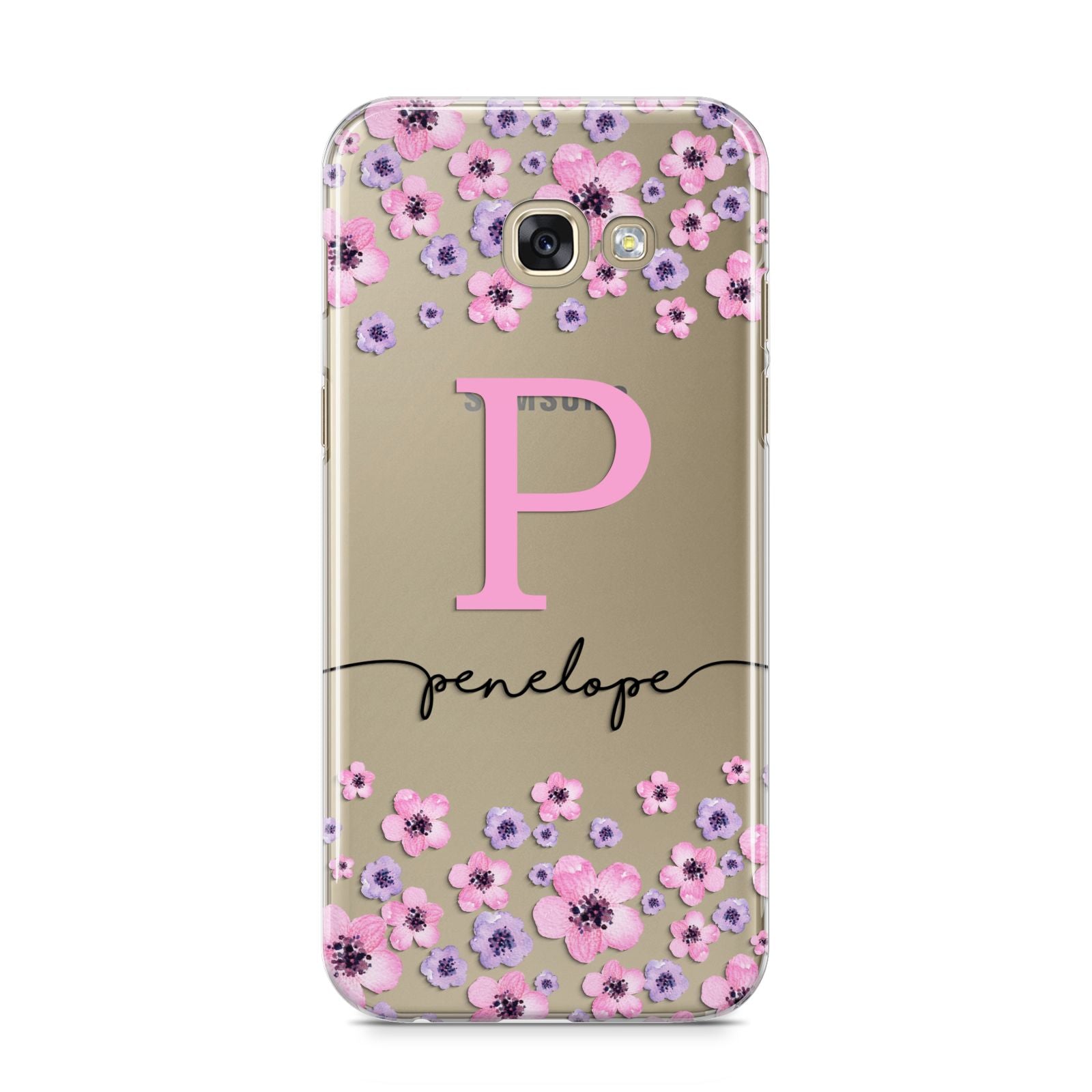 Personalised Pink Floral Samsung Galaxy A5 2017 Case on gold phone