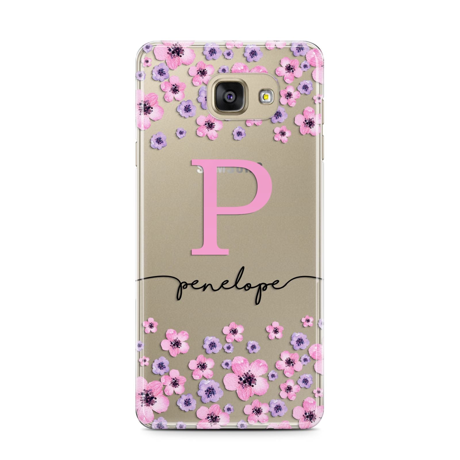 Personalised Pink Floral Samsung Galaxy A7 2016 Case on gold phone