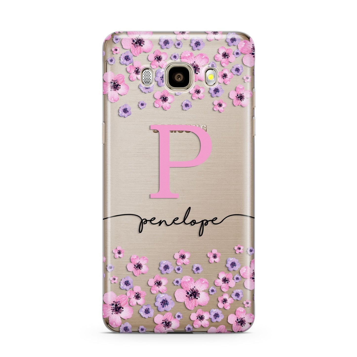 Personalised Pink Floral Samsung Galaxy J7 2016 Case on gold phone