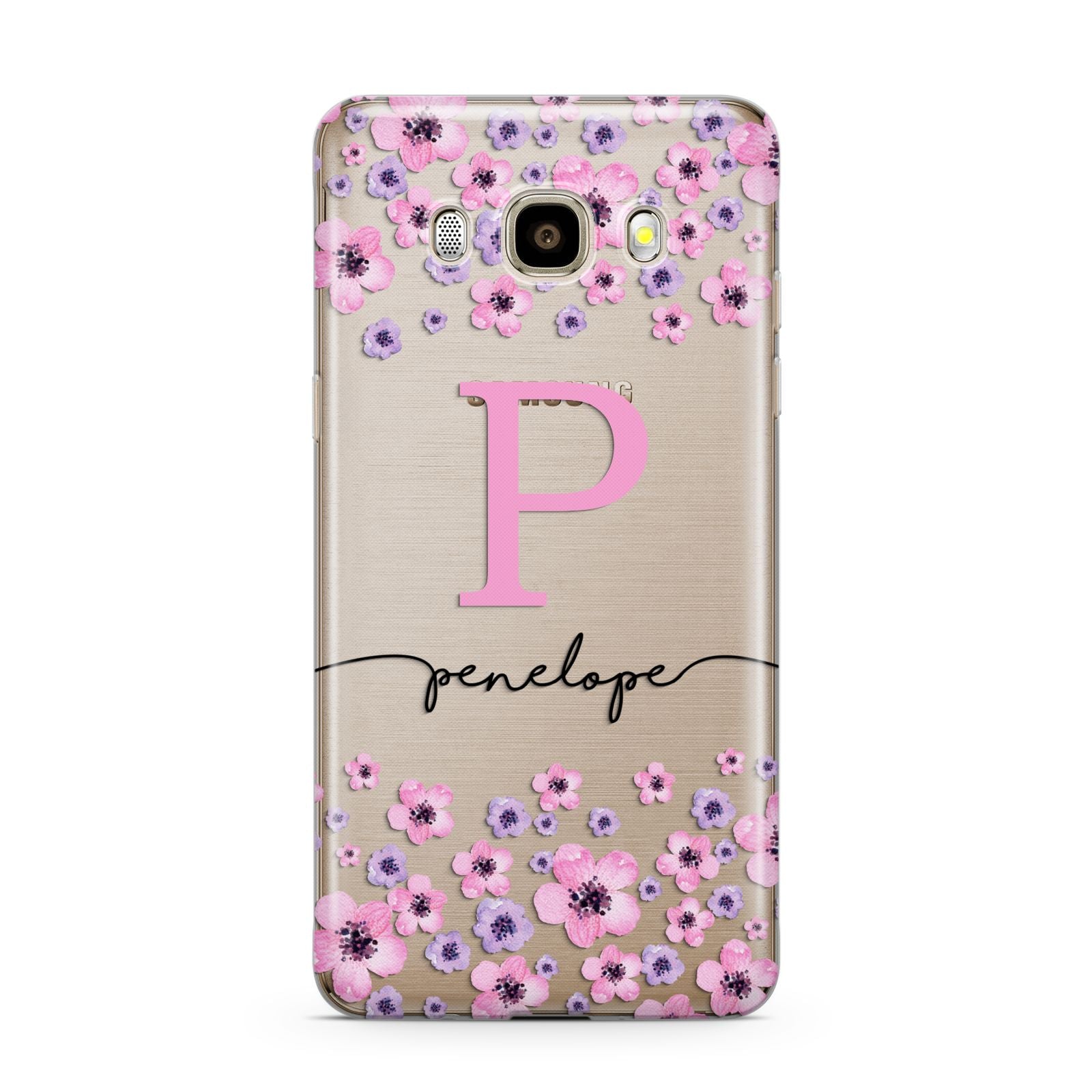 Personalised Pink Floral Samsung Galaxy J7 2016 Case on gold phone