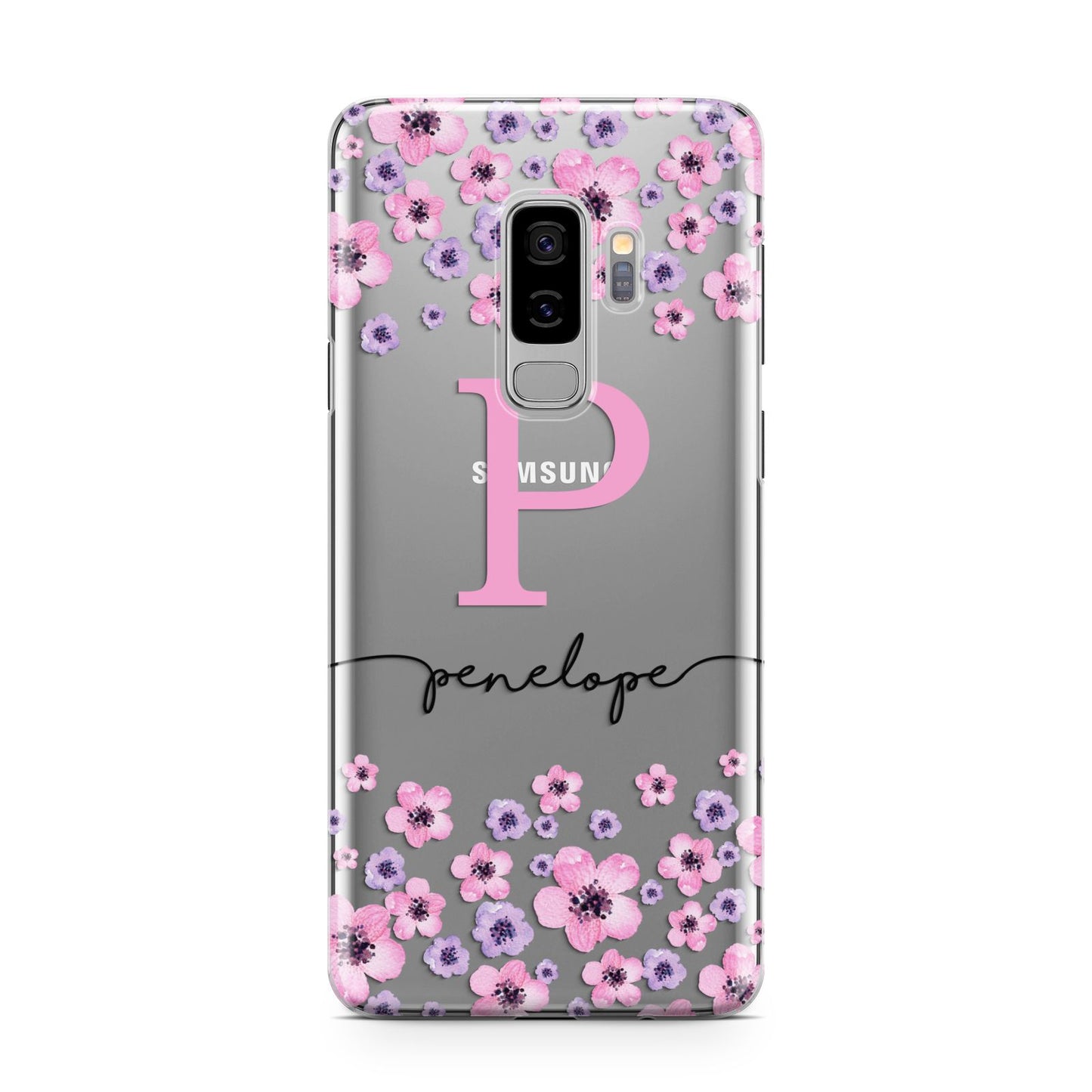 Personalised Pink Floral Samsung Galaxy S9 Plus Case on Silver phone