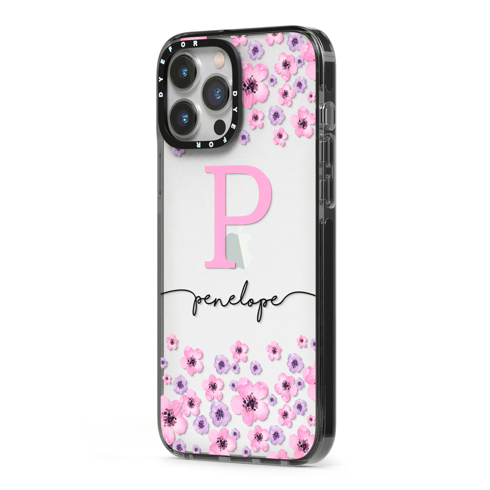Personalised Pink Floral iPhone 13 Pro Max Black Impact Case Side Angle on Silver phone