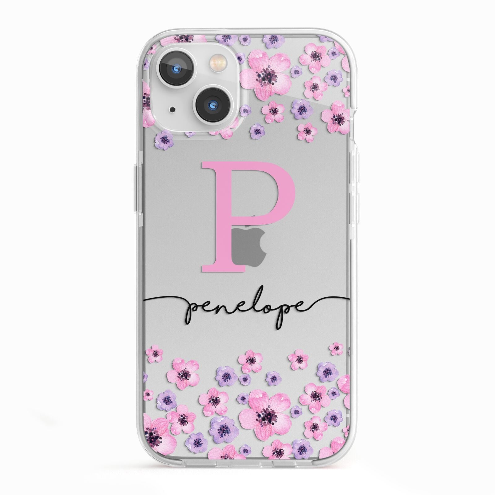 Personalised Pink Floral iPhone 13 TPU Impact Case with White Edges