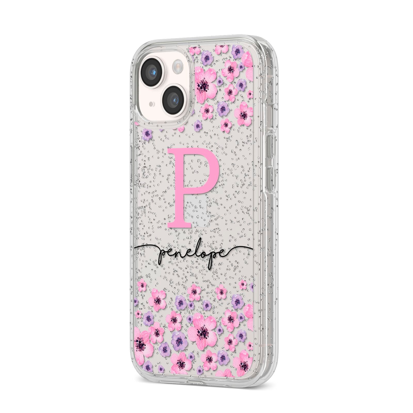 Personalised Pink Floral iPhone 14 Glitter Tough Case Starlight Angled Image