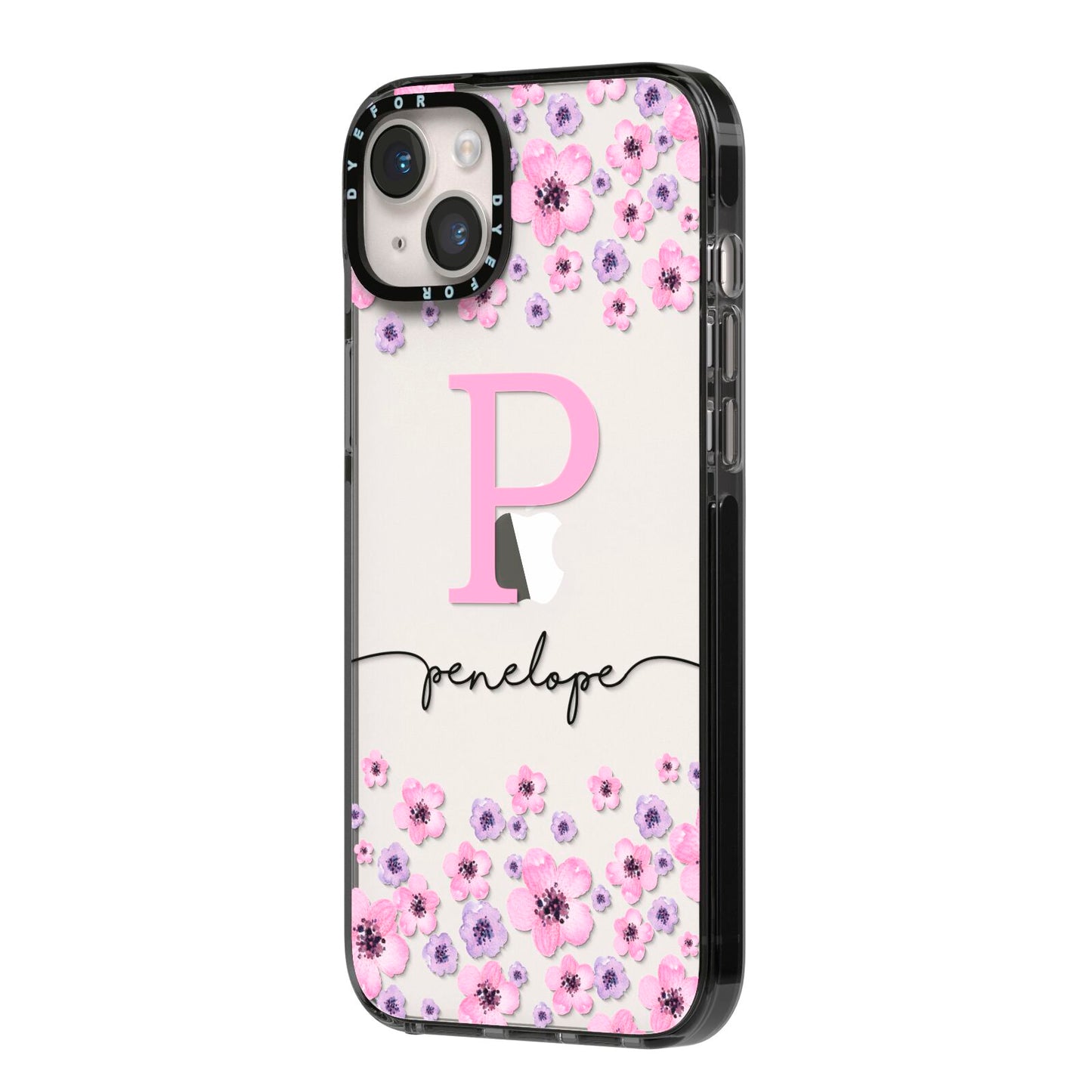 Personalised Pink Floral iPhone 14 Plus Black Impact Case Side Angle on Silver phone