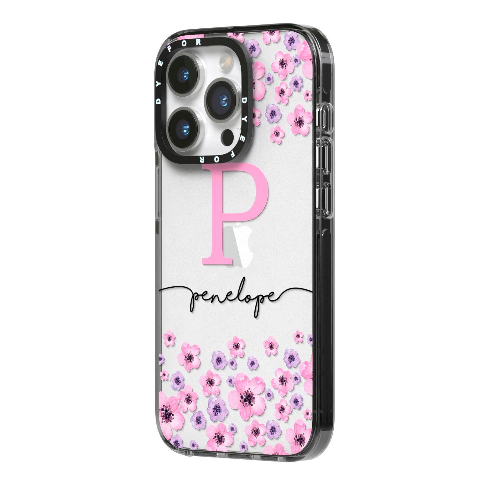 Personalised Pink Floral iPhone 14 Pro Black Impact Case Side Angle on Silver phone