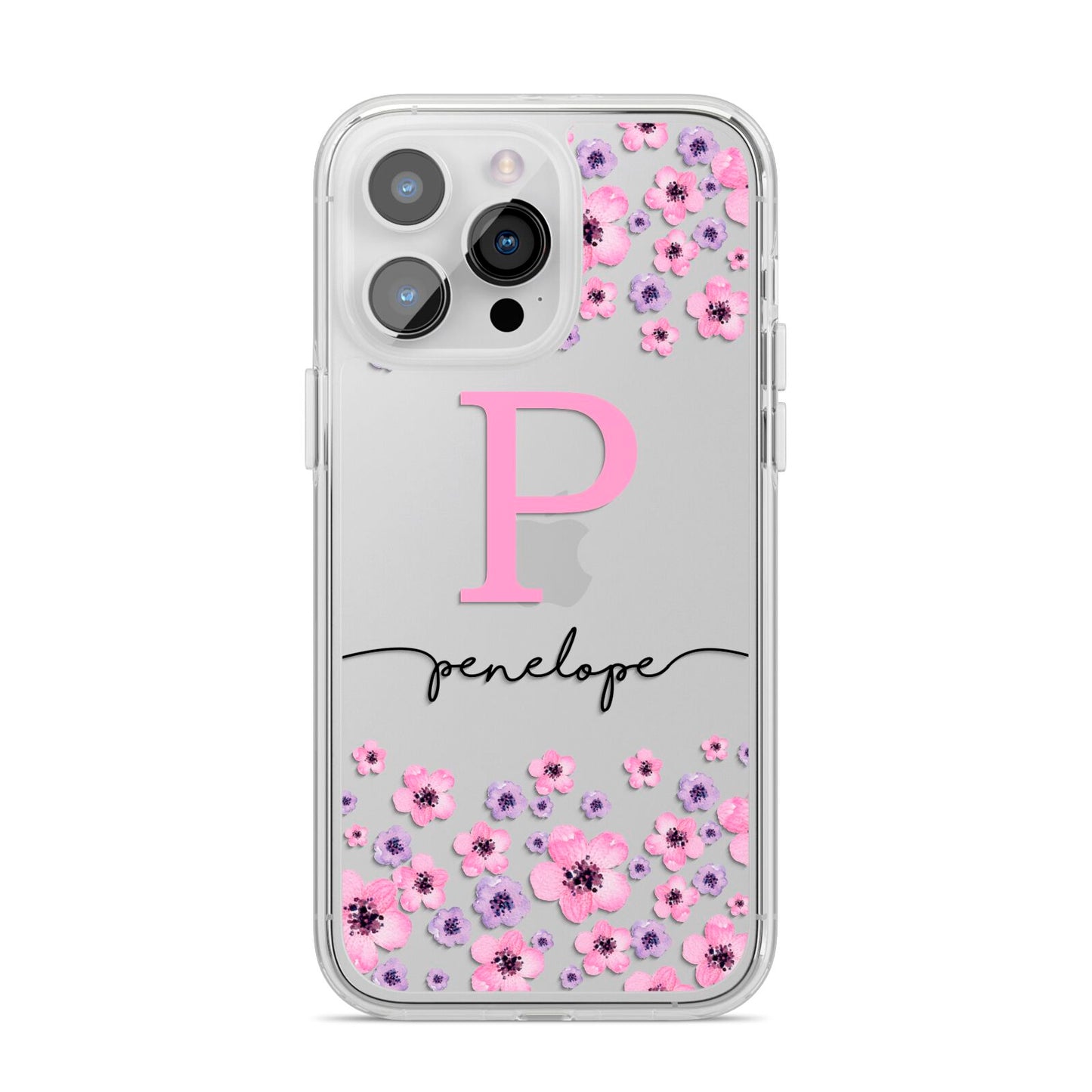 Personalised Pink Floral iPhone 14 Pro Max Clear Tough Case Silver