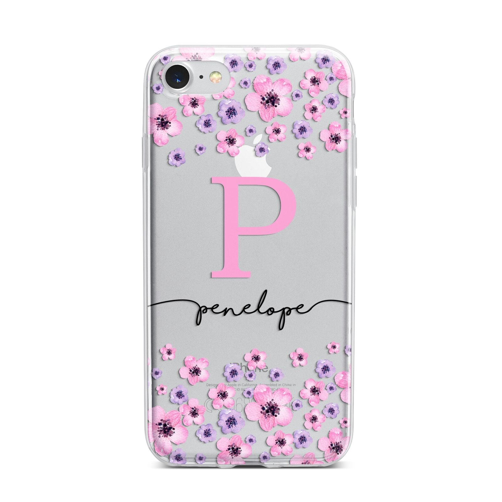Personalised Pink Floral iPhone 7 Bumper Case on Silver iPhone