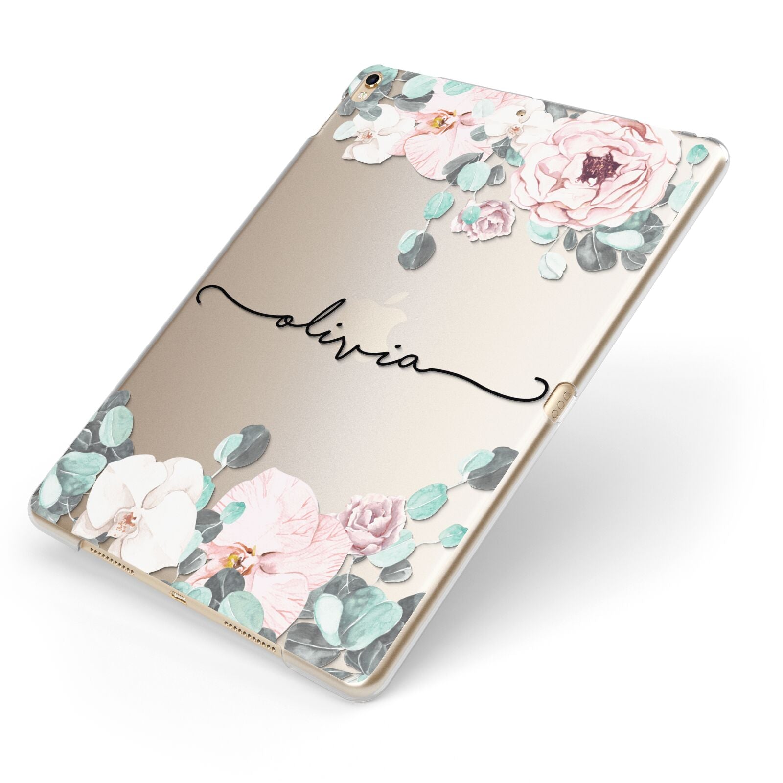 Personalised Pink Flower Name Apple iPad Case on Gold iPad Side View