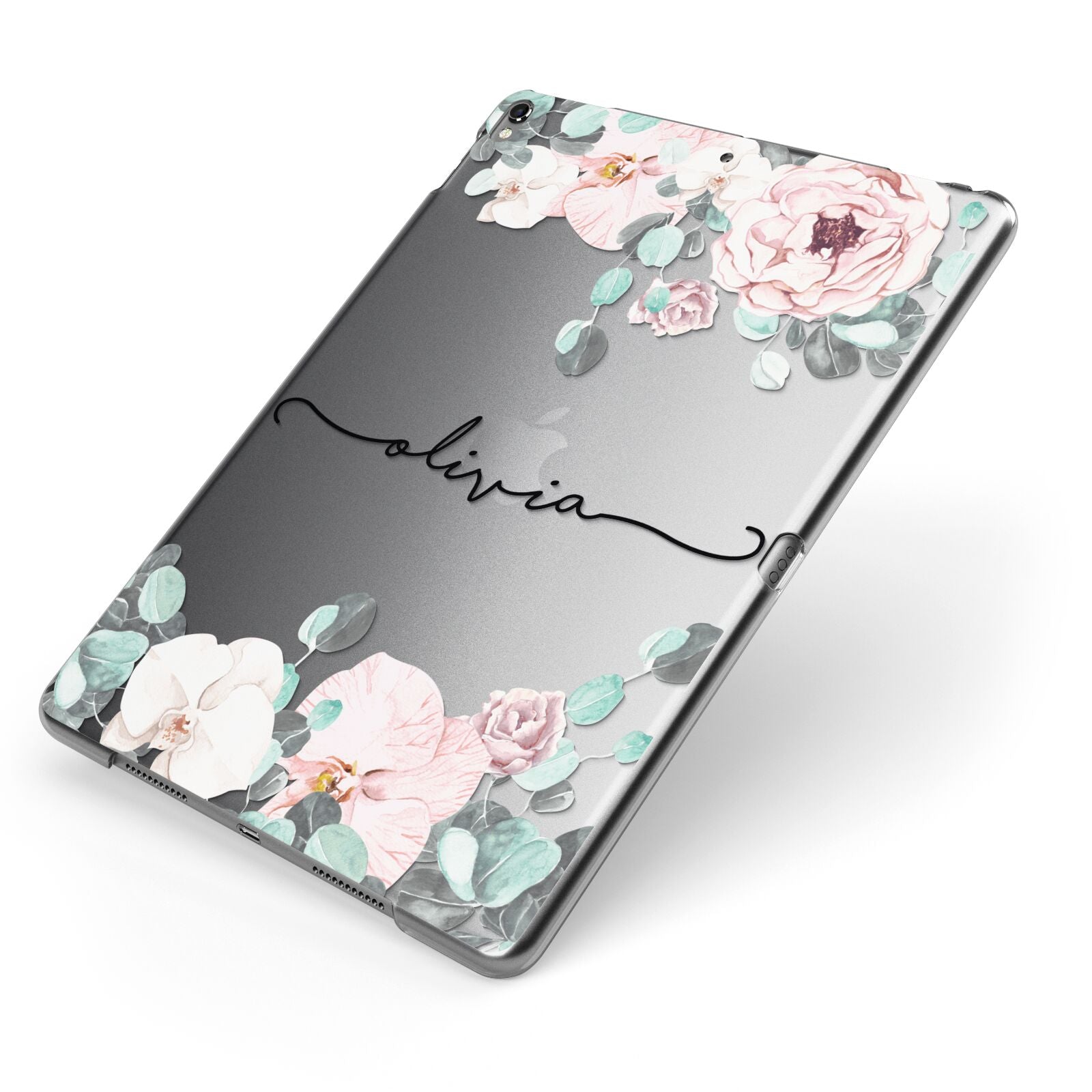 Personalised Pink Flower Name Apple iPad Case on Grey iPad Side View