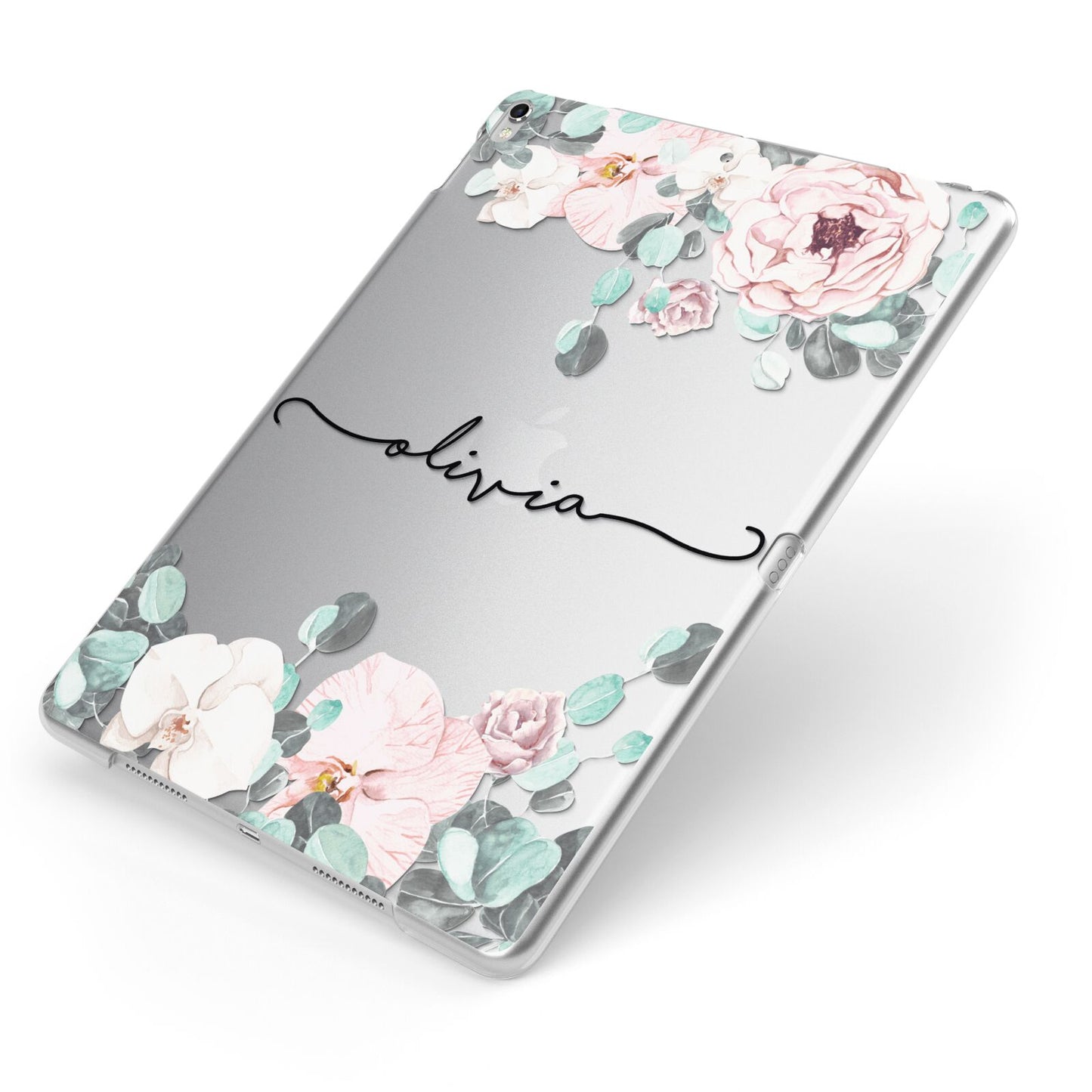 Personalised Pink Flower Name Apple iPad Case on Silver iPad Side View