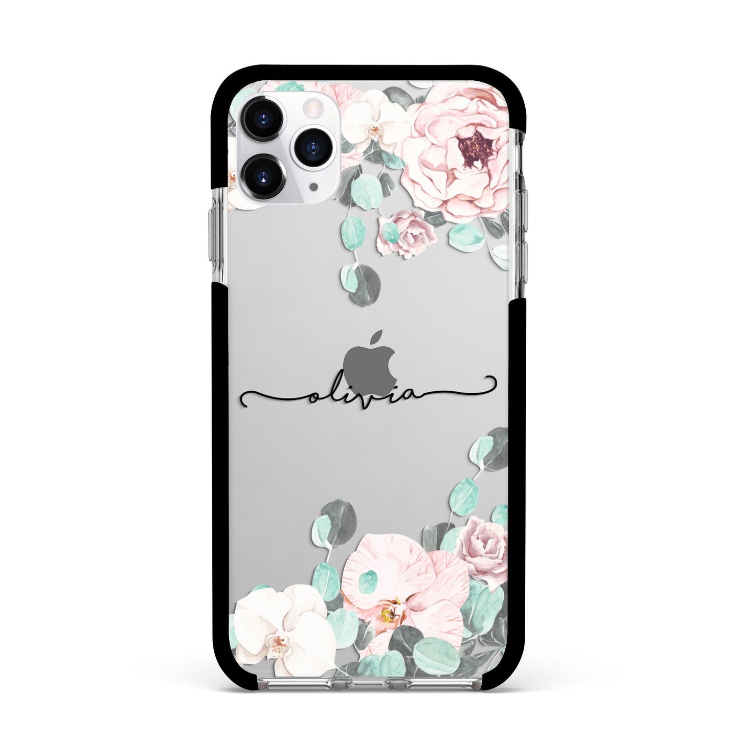 Personalised Pink Flower Name Apple iPhone 11 Pro Max in Silver with Black Impact Case