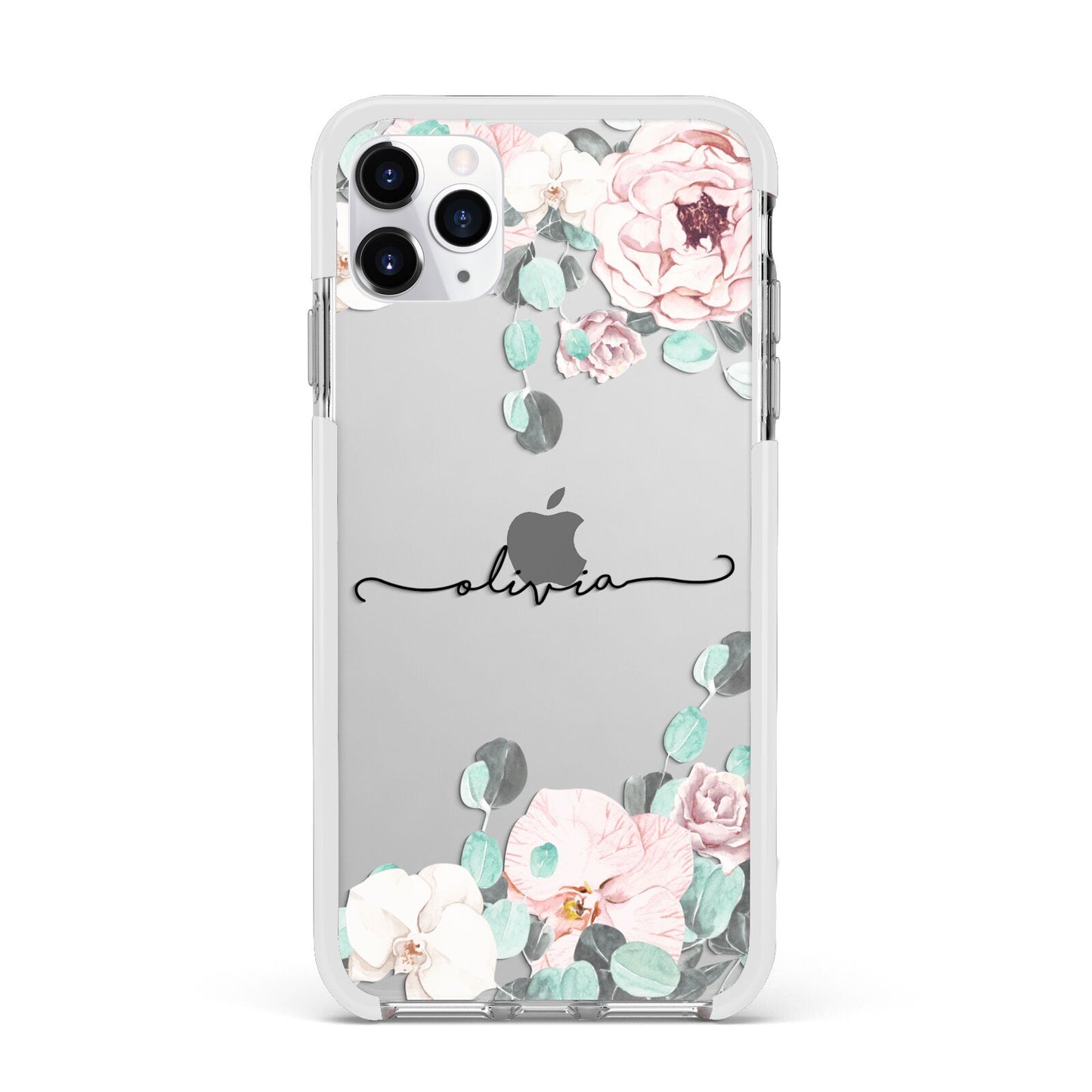 Personalised Pink Flower Name Apple iPhone 11 Pro Max in Silver with White Impact Case