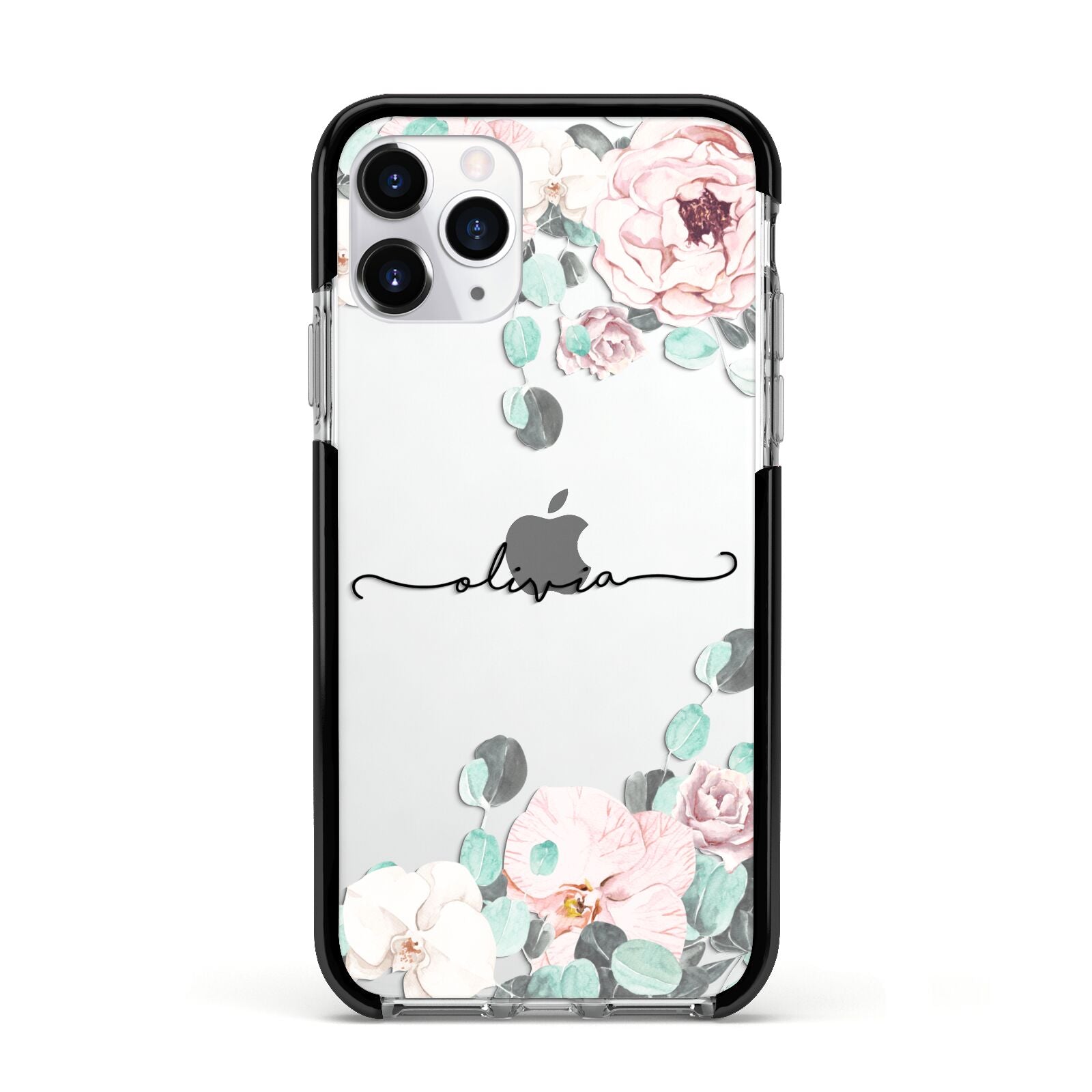 Personalised Pink Flower Name Apple iPhone 11 Pro in Silver with Black Impact Case