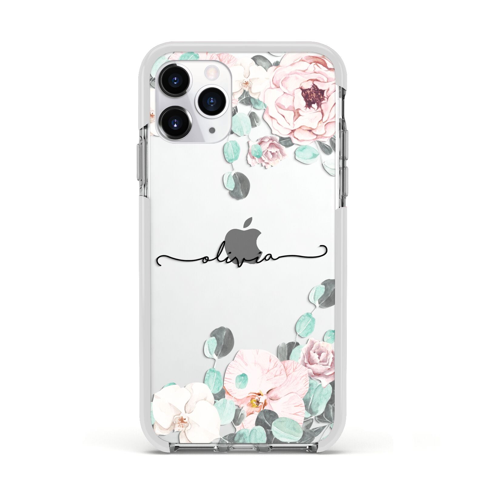 Personalised Pink Flower Name Apple iPhone 11 Pro in Silver with White Impact Case