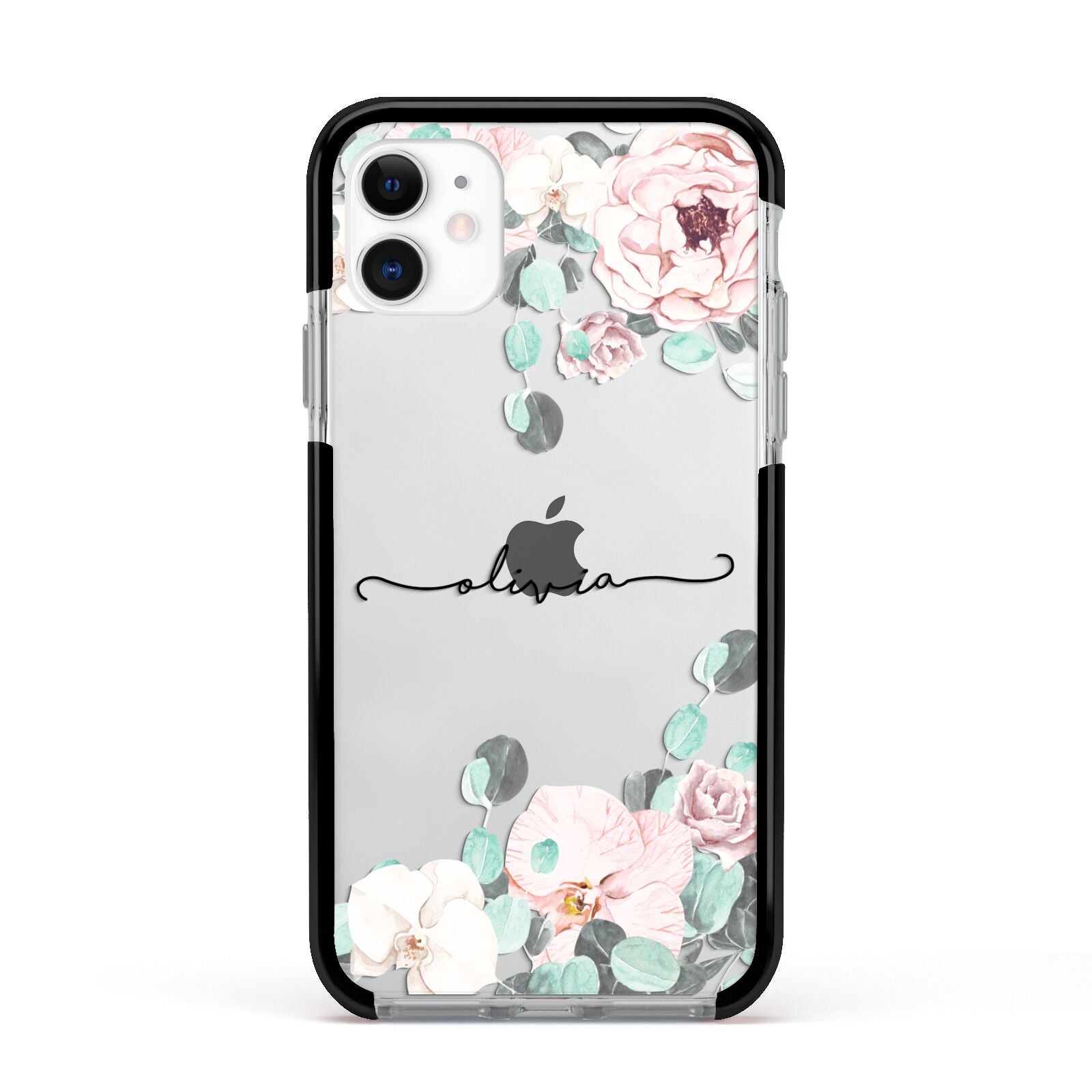 Personalised Pink Flower Name Apple iPhone 11 in White with Black Impact Case