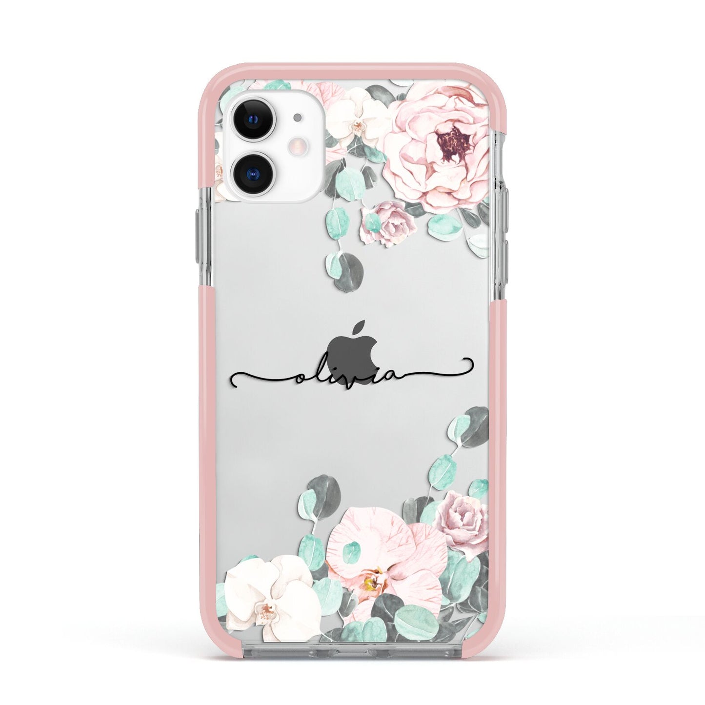 Personalised Pink Flower Name Apple iPhone 11 in White with Pink Impact Case