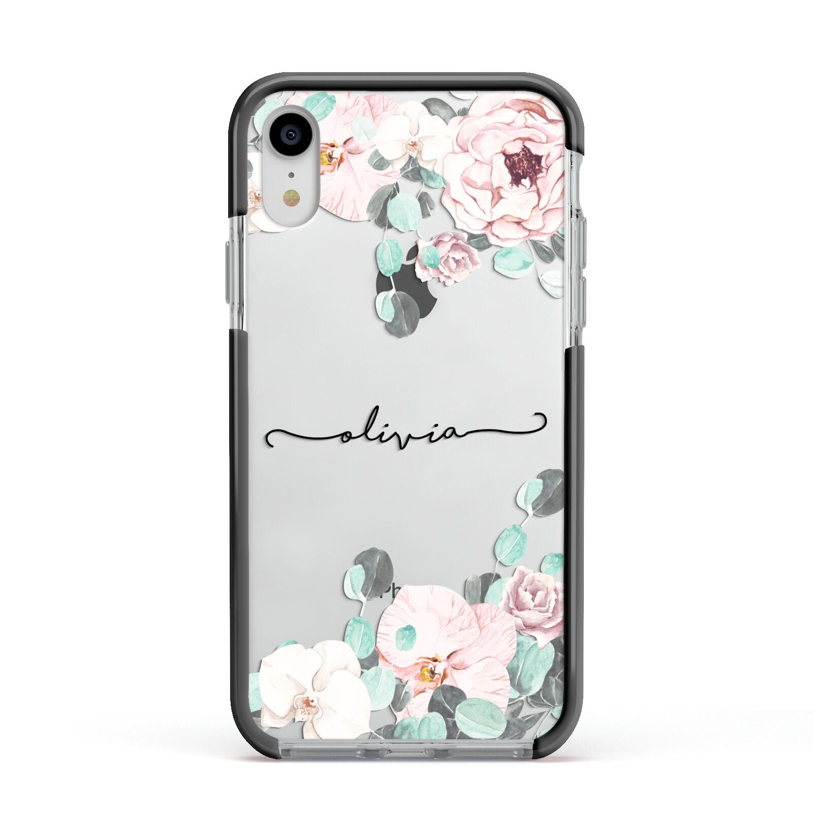 Personalised Pink Flower Name Apple iPhone XR Impact Case Black Edge on Silver Phone