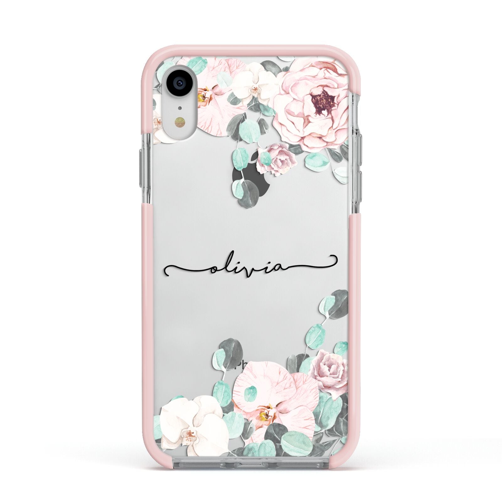 Personalised Pink Flower Name Apple iPhone XR Impact Case Pink Edge on Silver Phone