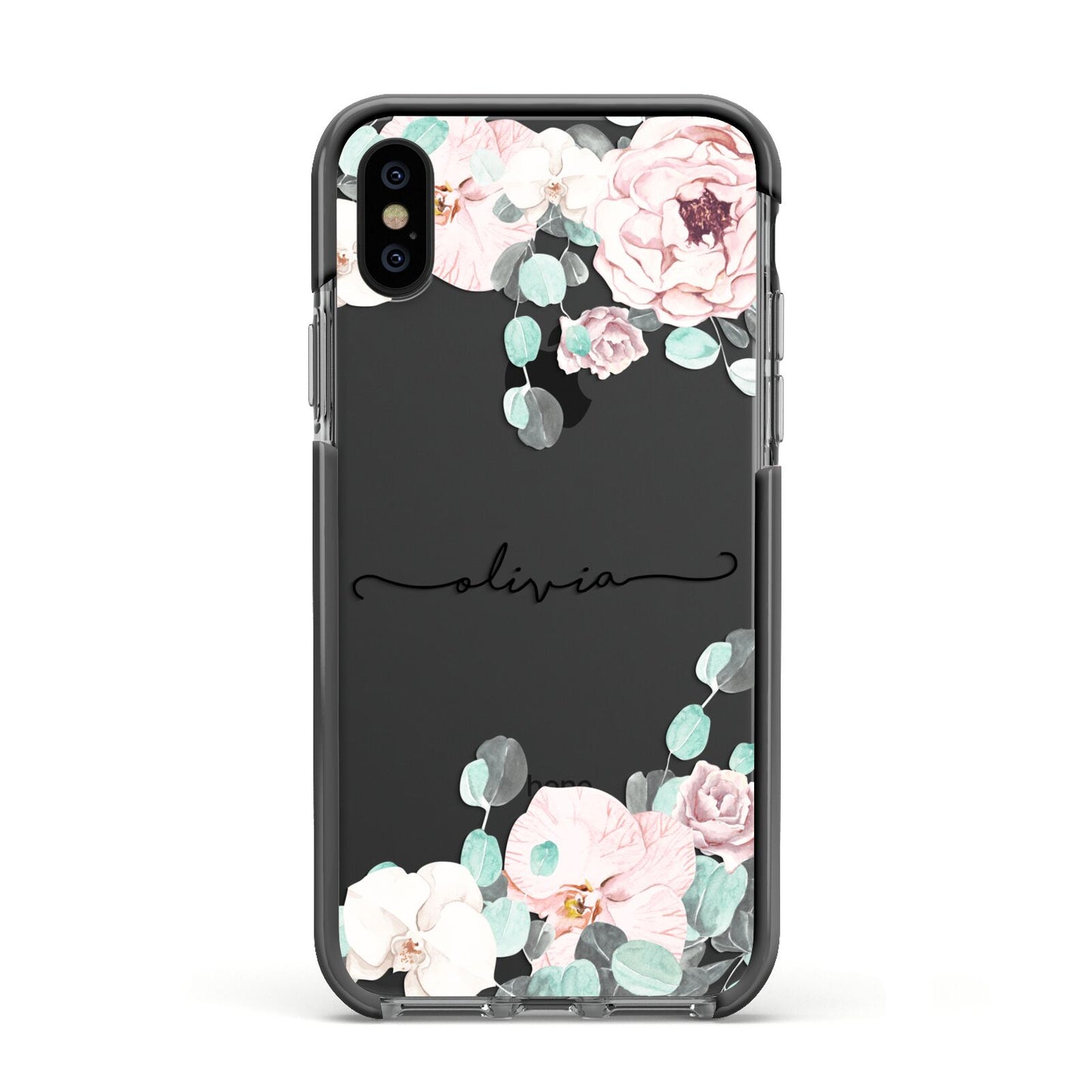 Personalised Pink Flower Name Apple iPhone Xs Impact Case Black Edge on Black Phone