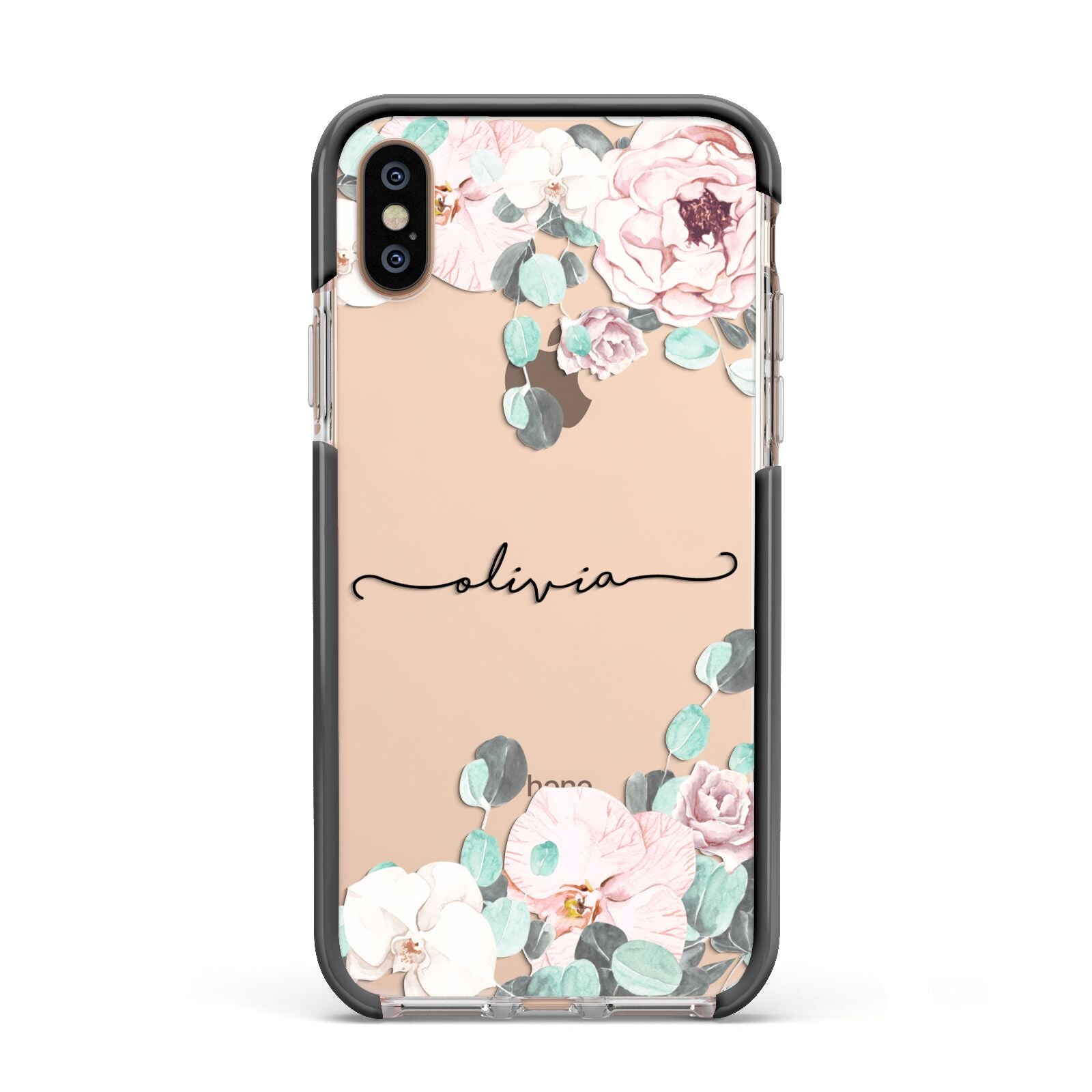 Personalised Pink Flower Name Apple iPhone Xs Impact Case Black Edge on Gold Phone