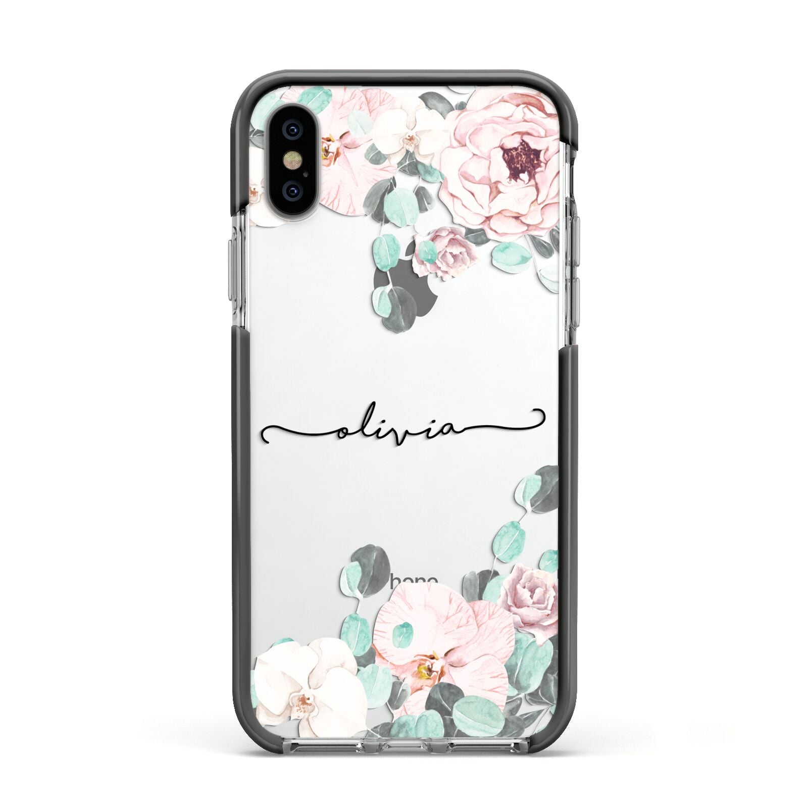 Personalised Pink Flower Name Apple iPhone Xs Impact Case Black Edge on Silver Phone