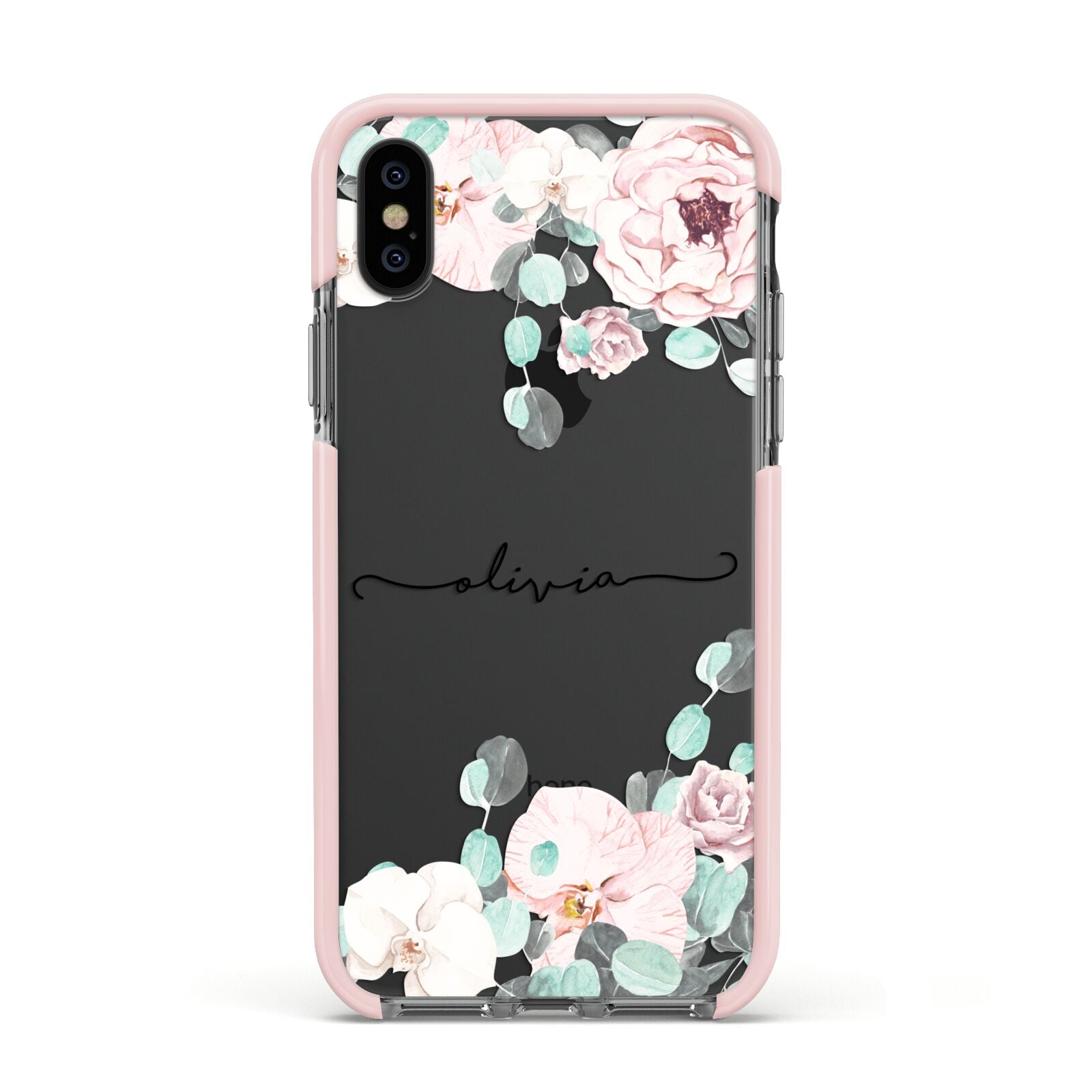 Personalised Pink Flower Name Apple iPhone Xs Impact Case Pink Edge on Black Phone