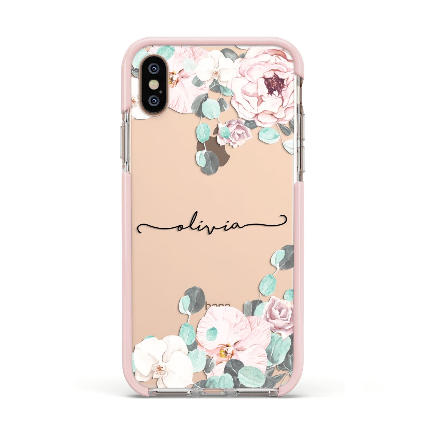 Personalised Pink Flower Name Apple iPhone Xs Impact Case Pink Edge on Gold Phone