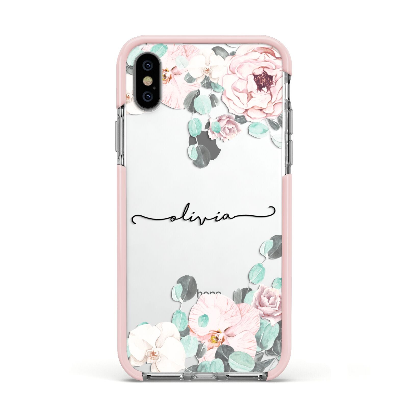 Personalised Pink Flower Name Apple iPhone Xs Impact Case Pink Edge on Silver Phone