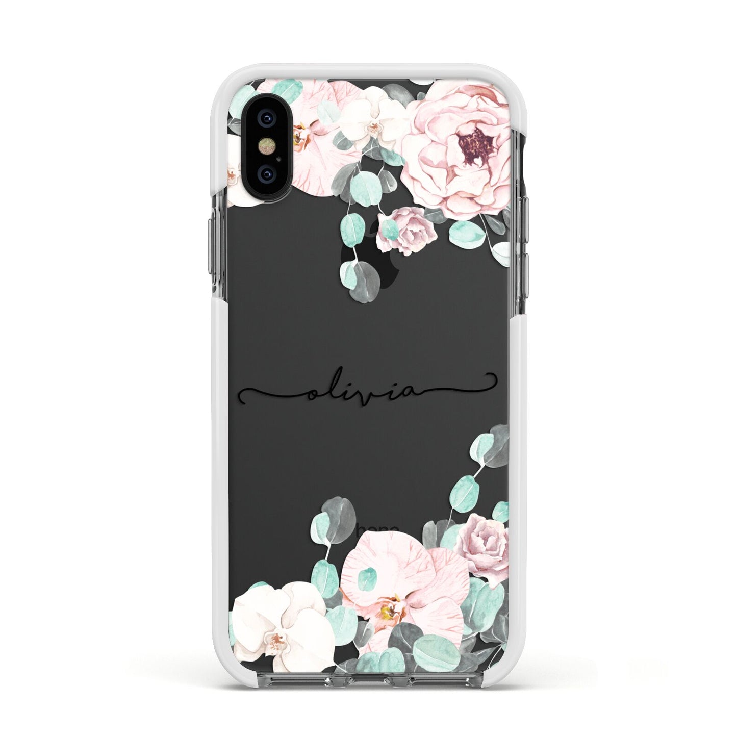 Personalised Pink Flower Name Apple iPhone Xs Impact Case White Edge on Black Phone