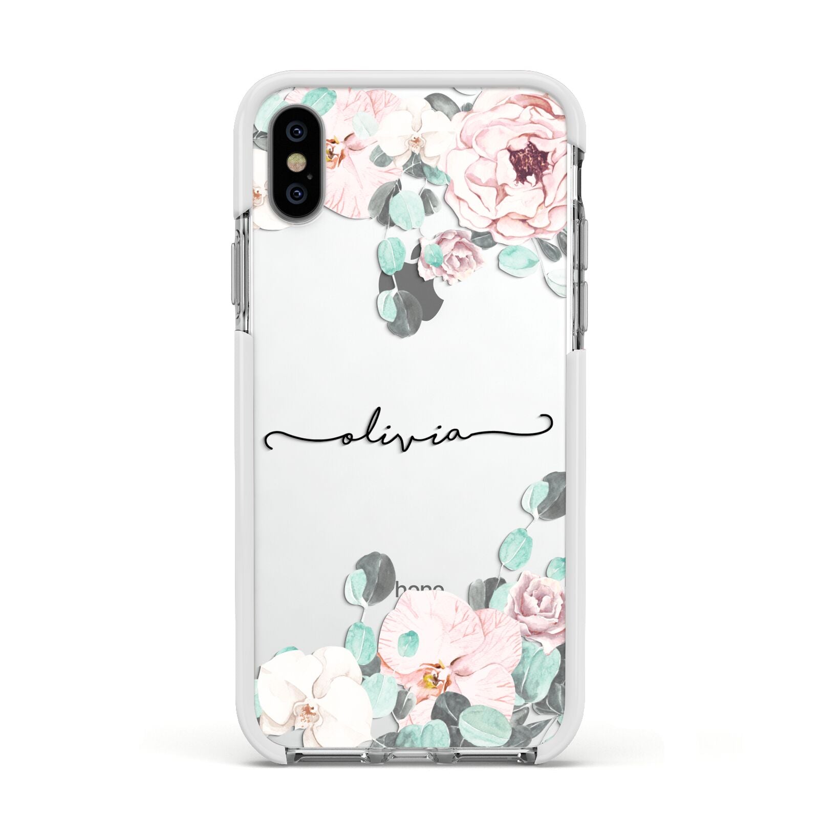 Personalised Pink Flower Name Apple iPhone Xs Impact Case White Edge on Silver Phone