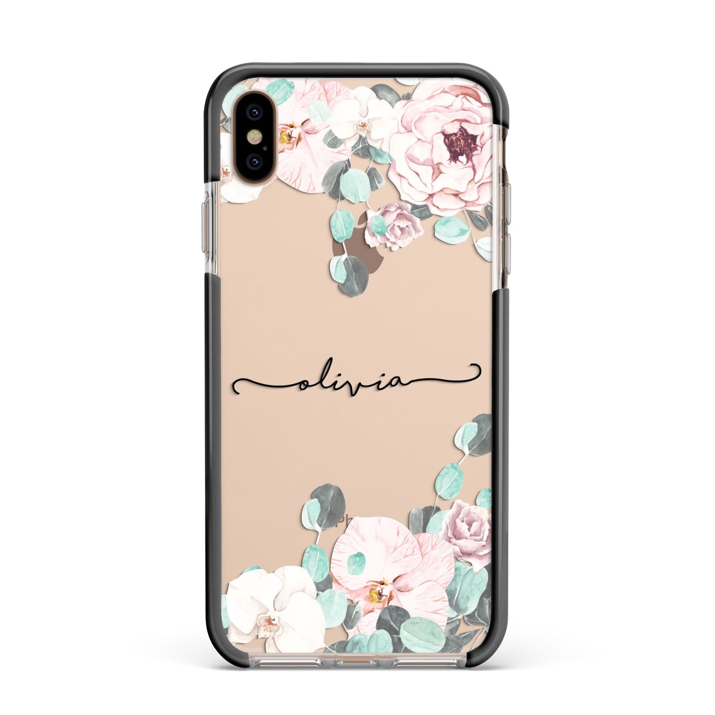 Personalised Pink Flower Name Apple iPhone Xs Max Impact Case Black Edge on Gold Phone