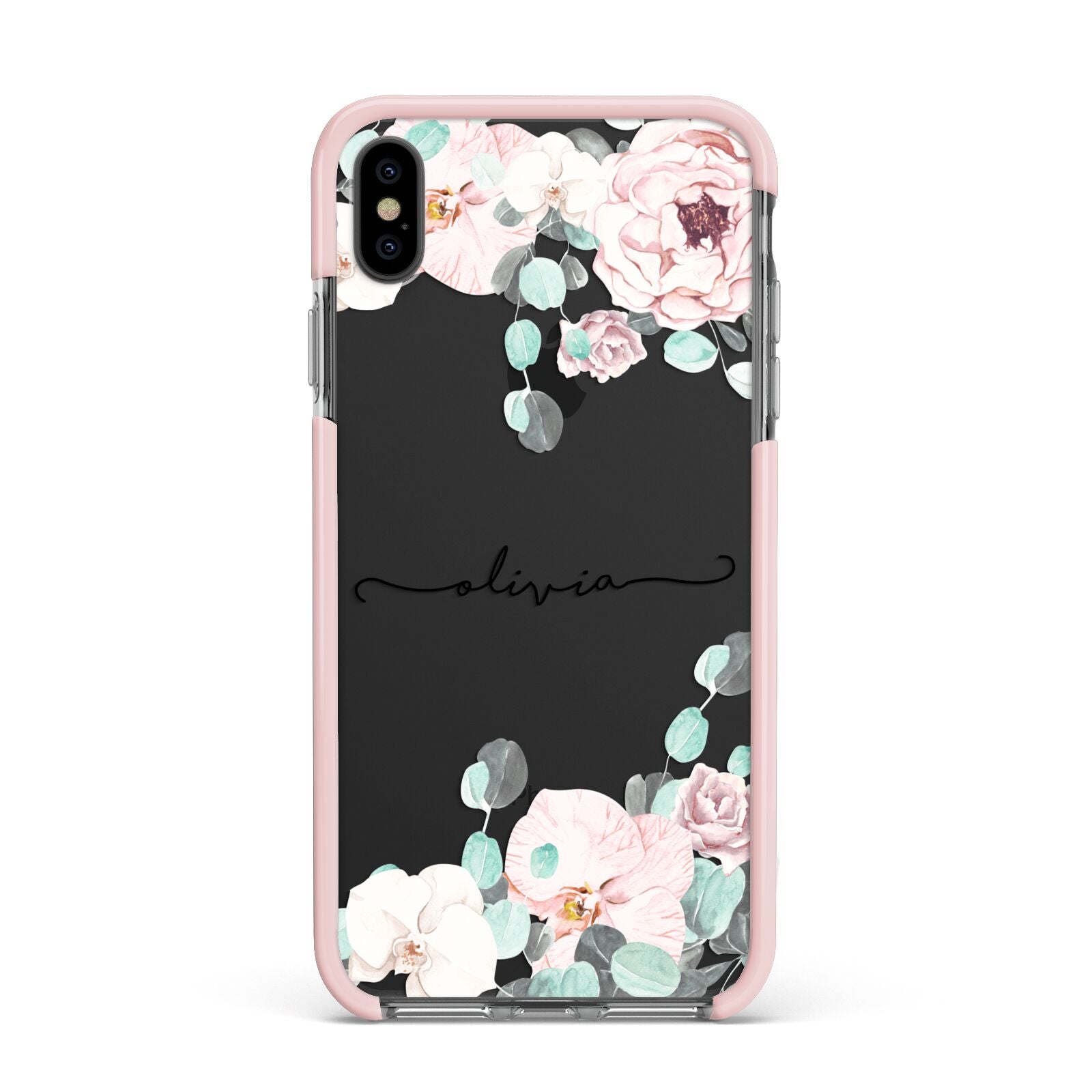 Personalised Pink Flower Name Apple iPhone Xs Max Impact Case Pink Edge on Black Phone