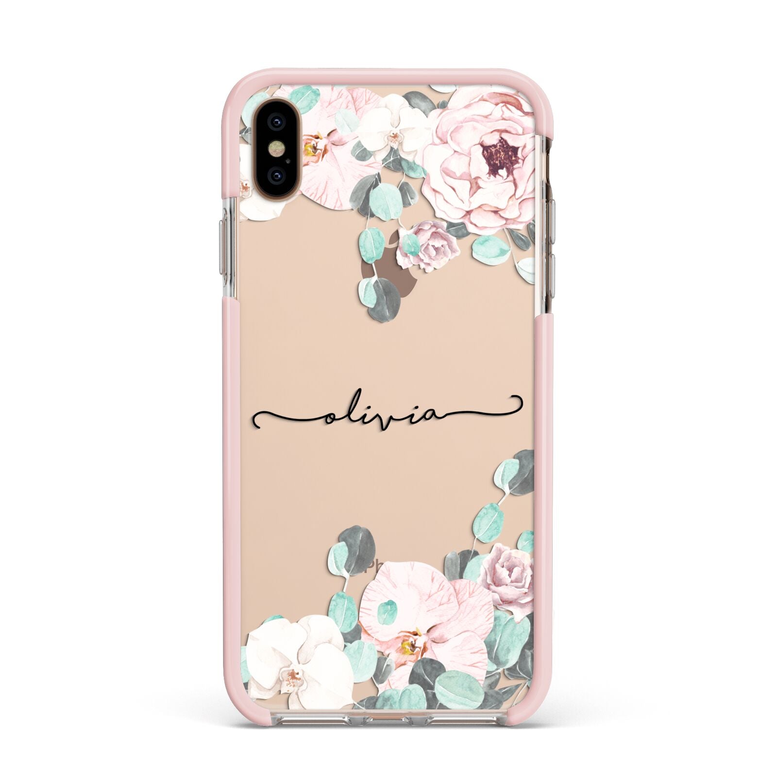 Personalised Pink Flower Name Apple iPhone Xs Max Impact Case Pink Edge on Gold Phone