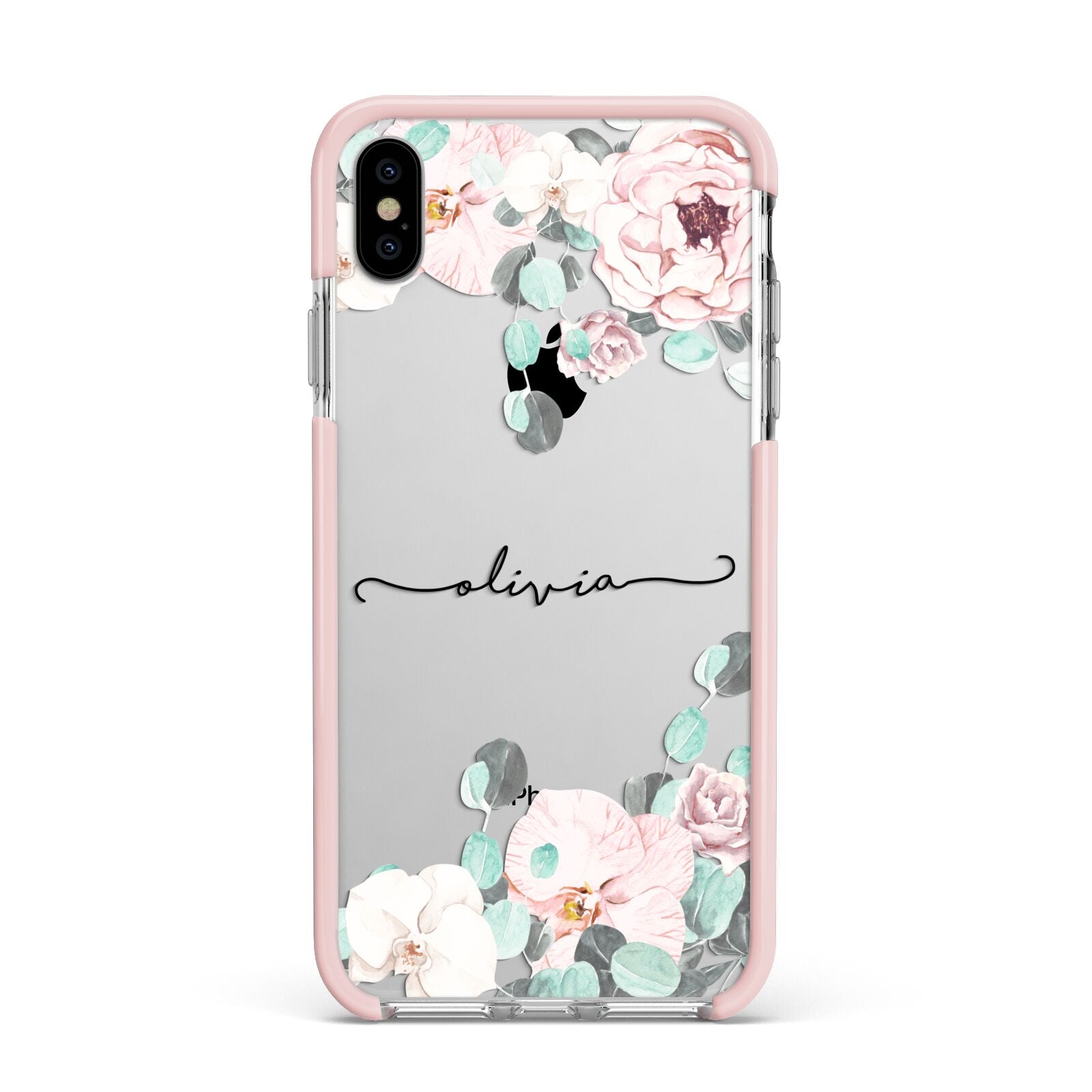 Personalised Pink Flower Name Apple iPhone Xs Max Impact Case Pink Edge on Silver Phone