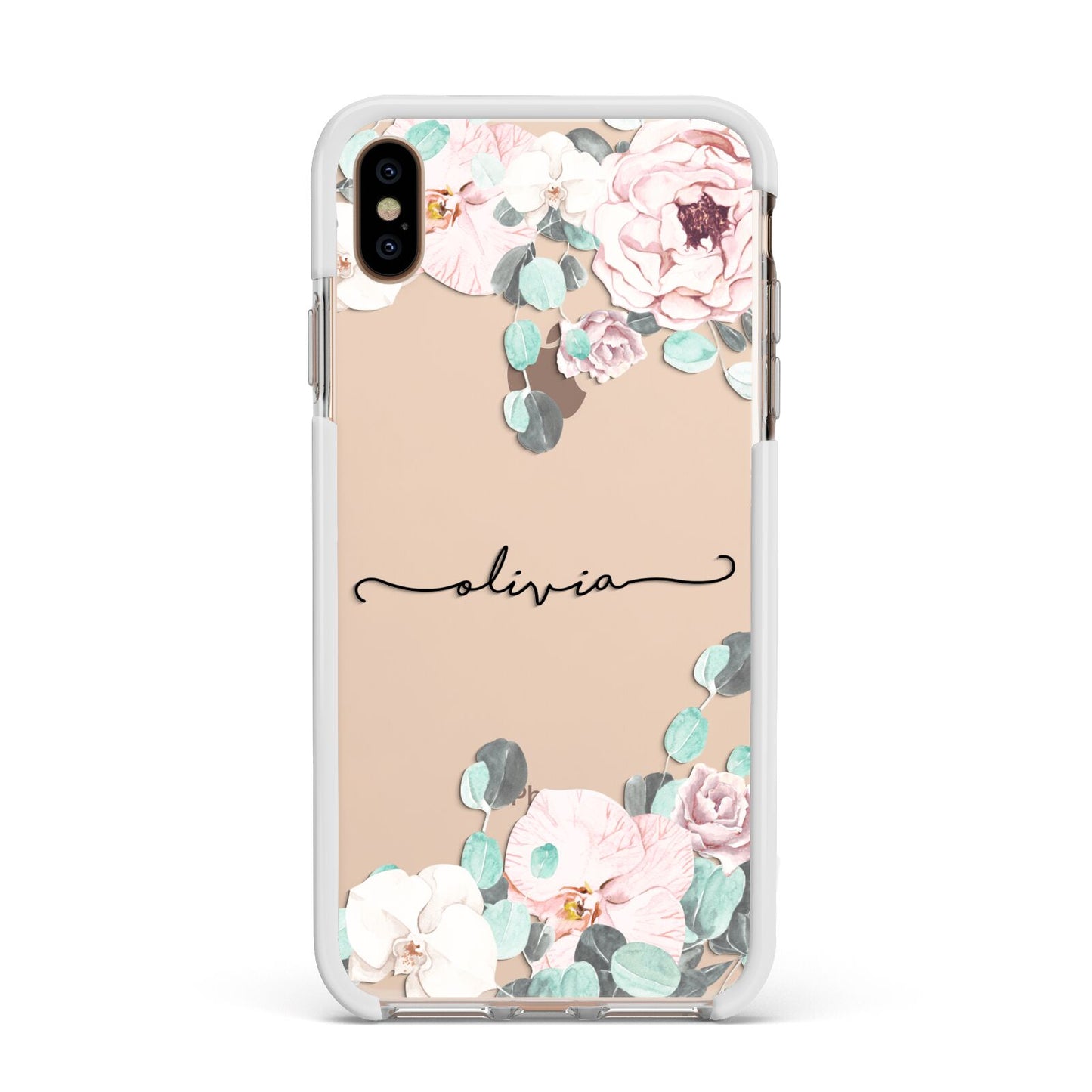 Personalised Pink Flower Name Apple iPhone Xs Max Impact Case White Edge on Gold Phone