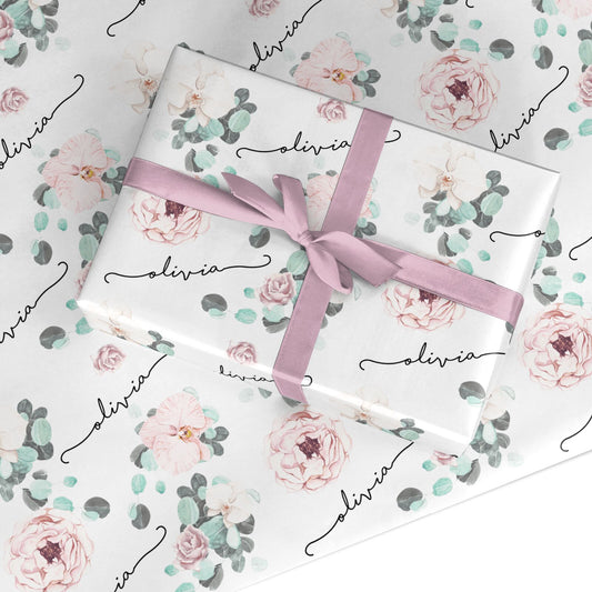 Personalised Pink Flower Name Custom Wrapping Paper