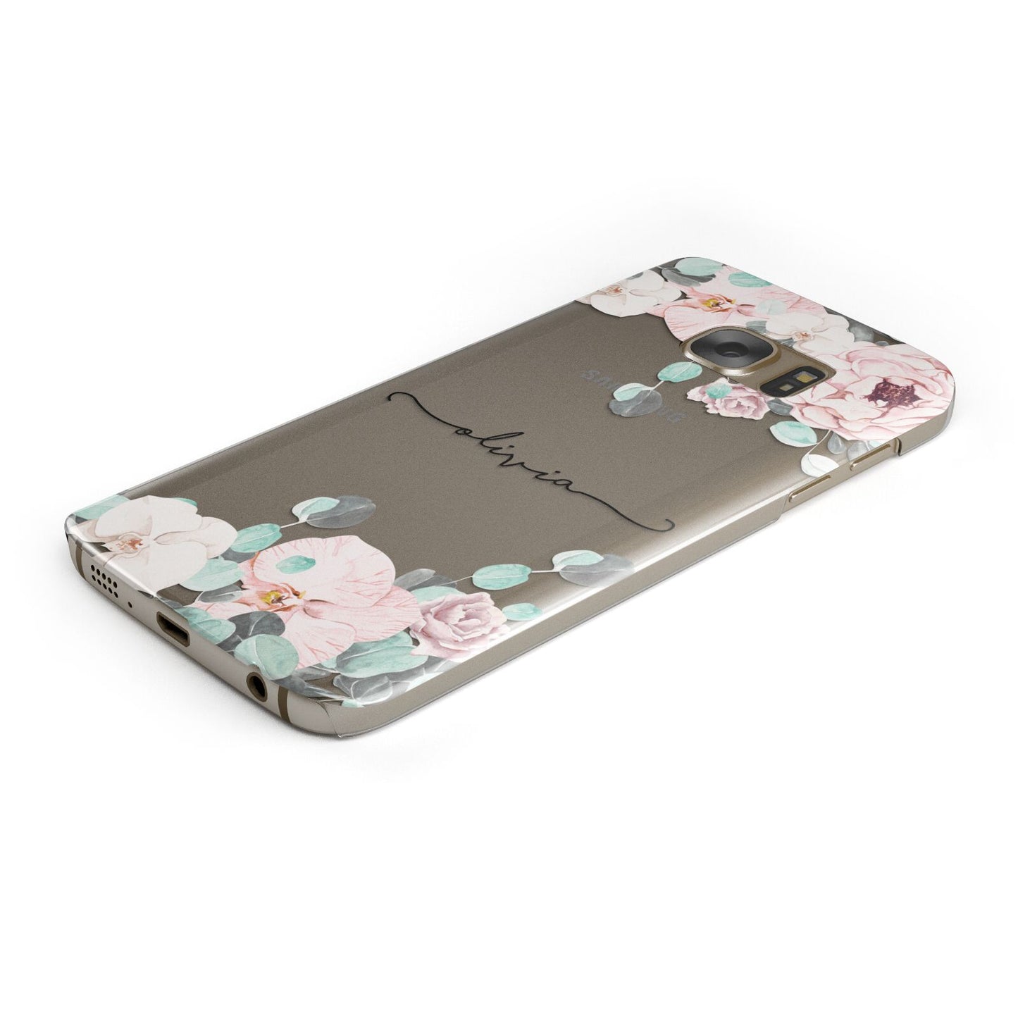 Personalised Pink Flower Name Protective Samsung Galaxy Case Angled Image