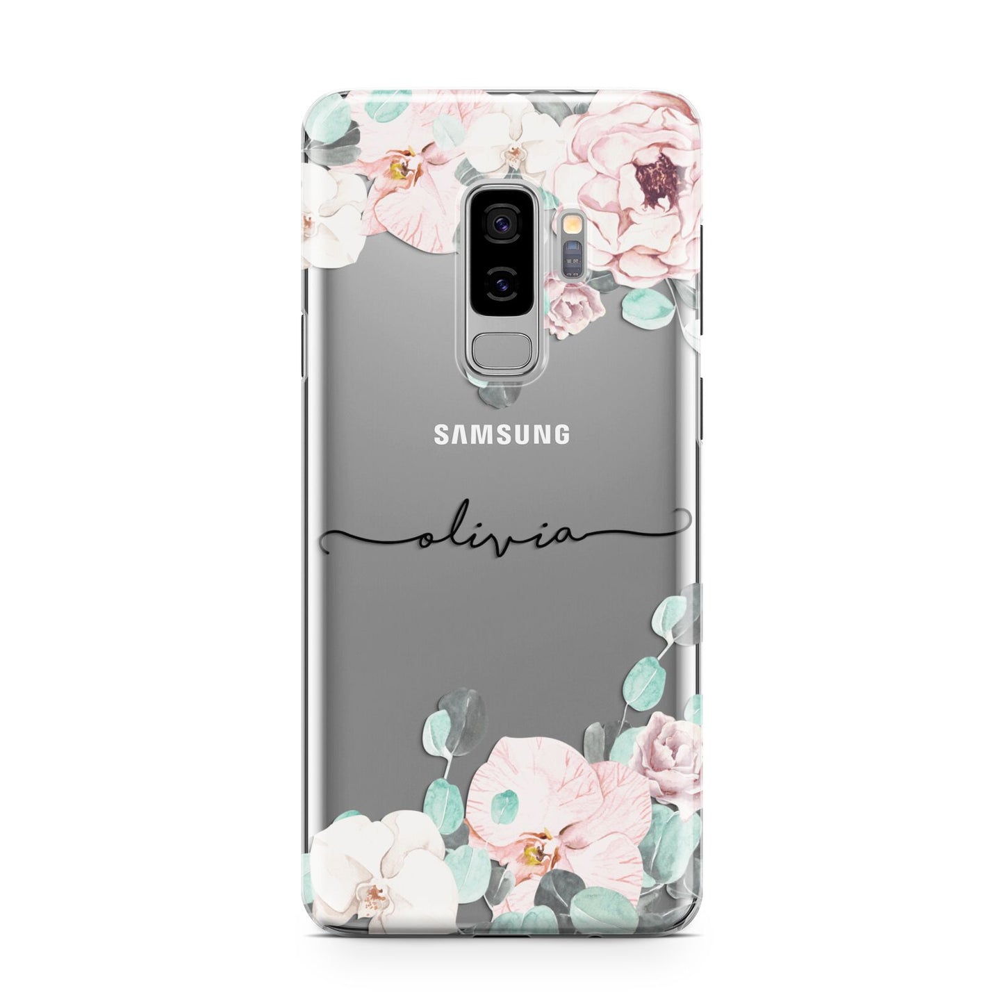 Personalised Pink Flower Name Samsung Galaxy S9 Plus Case on Silver phone