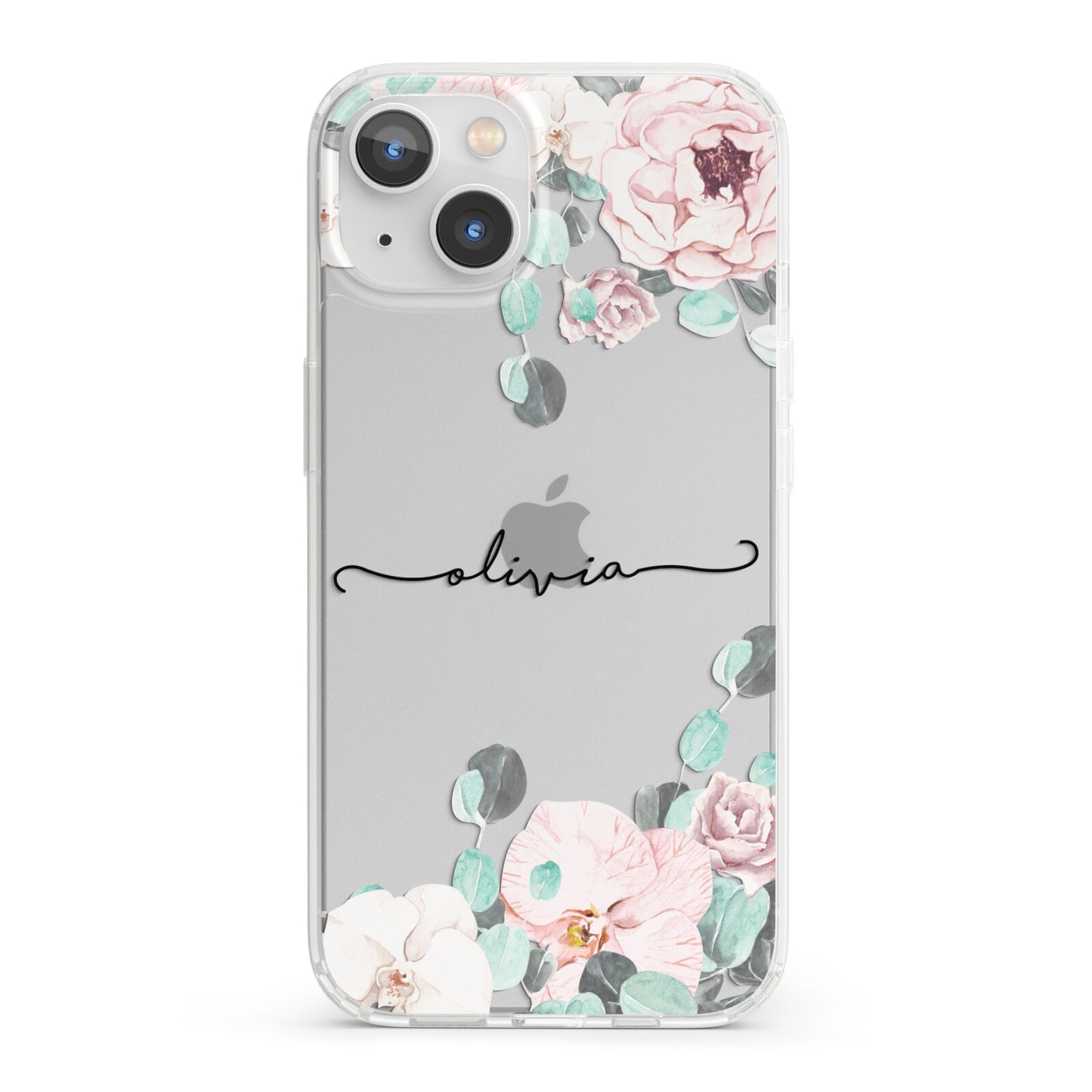 Personalised Pink Flower Name iPhone 13 Clear Bumper Case