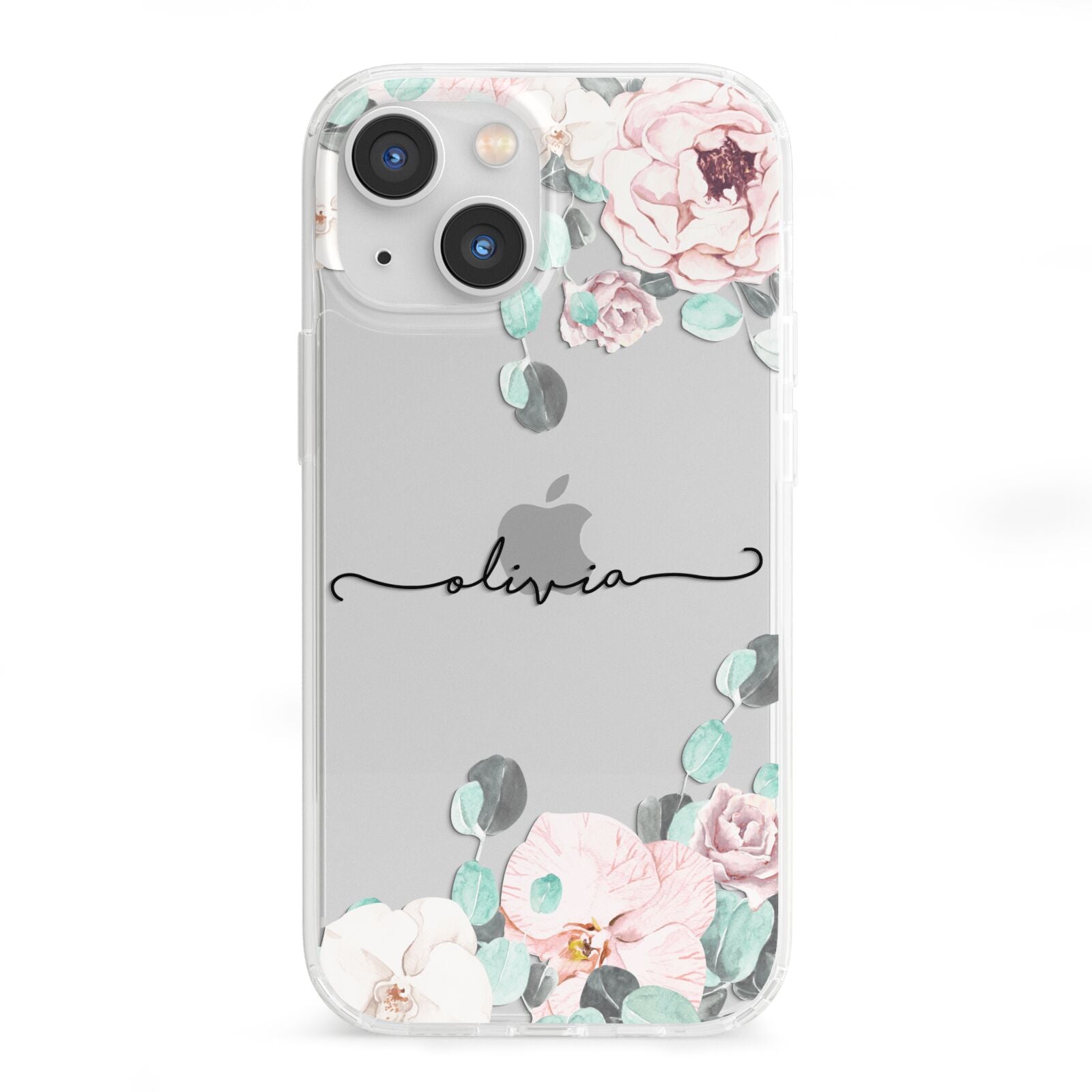 Personalised Pink Flower Name iPhone 13 Mini Clear Bumper Case