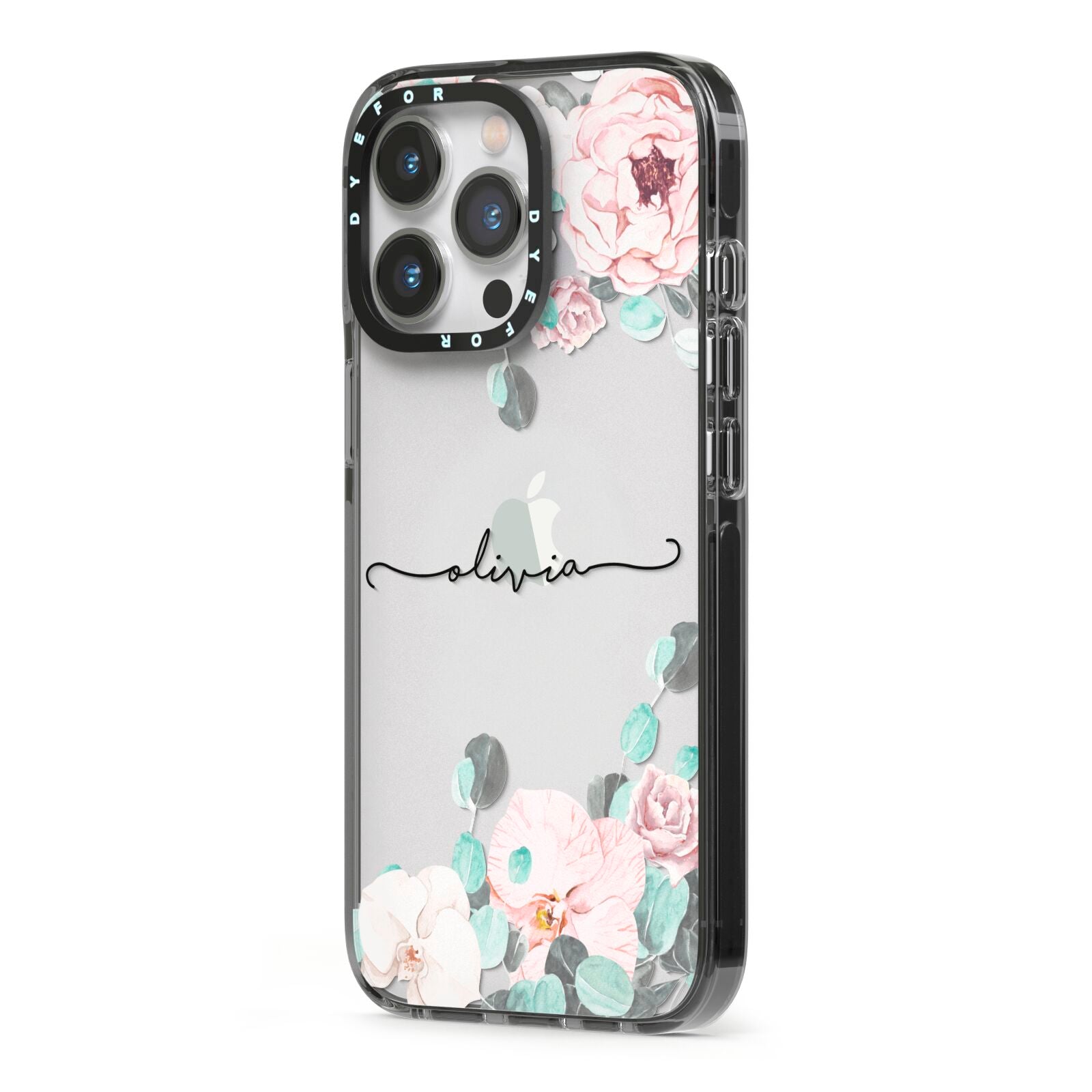 Personalised Pink Flower Name iPhone 13 Pro Black Impact Case Side Angle on Silver phone