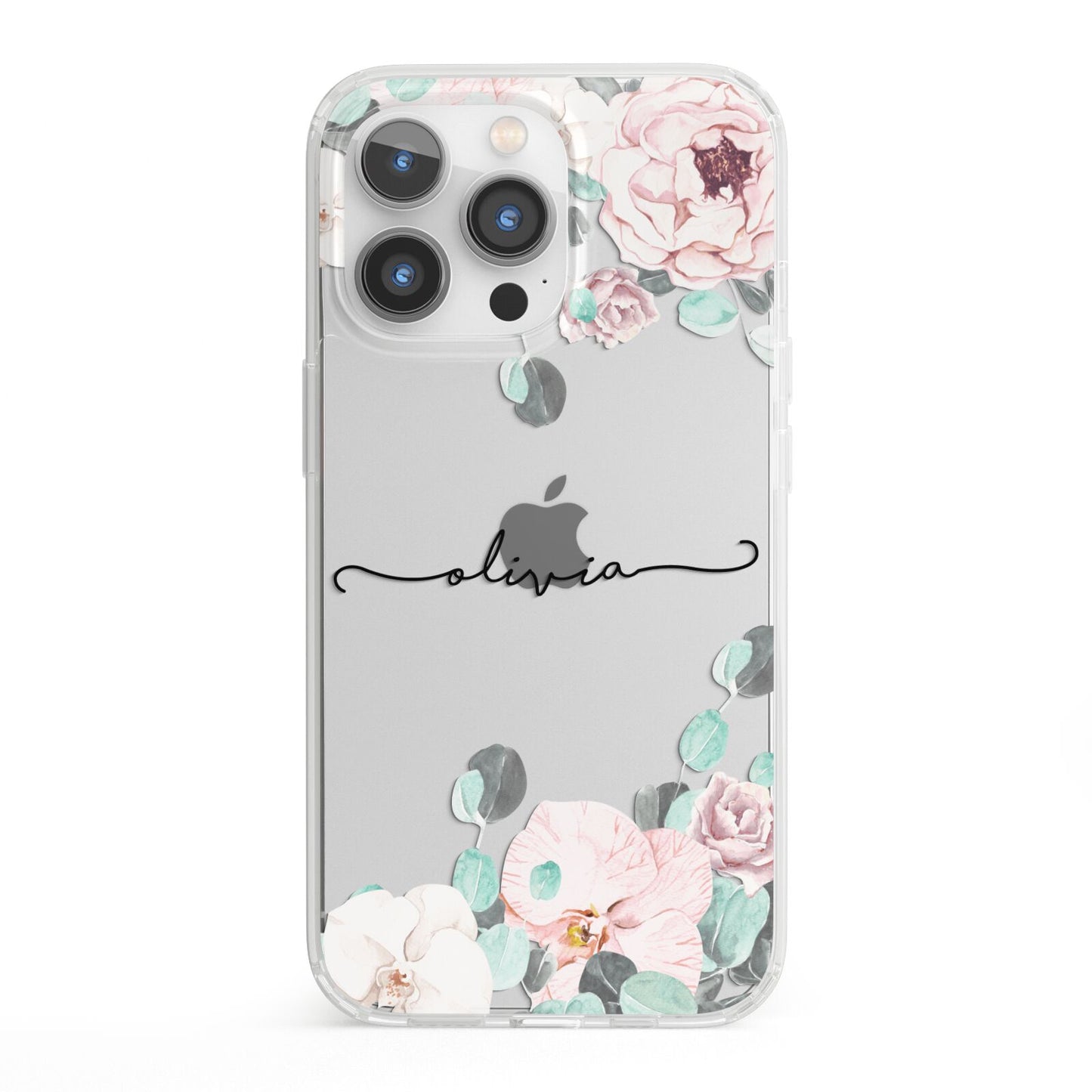 Personalised Pink Flower Name iPhone 13 Pro Clear Bumper Case