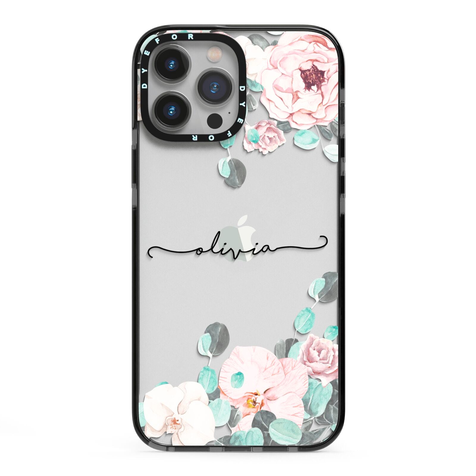 Personalised Pink Flower Name iPhone 13 Pro Max Black Impact Case on Silver phone