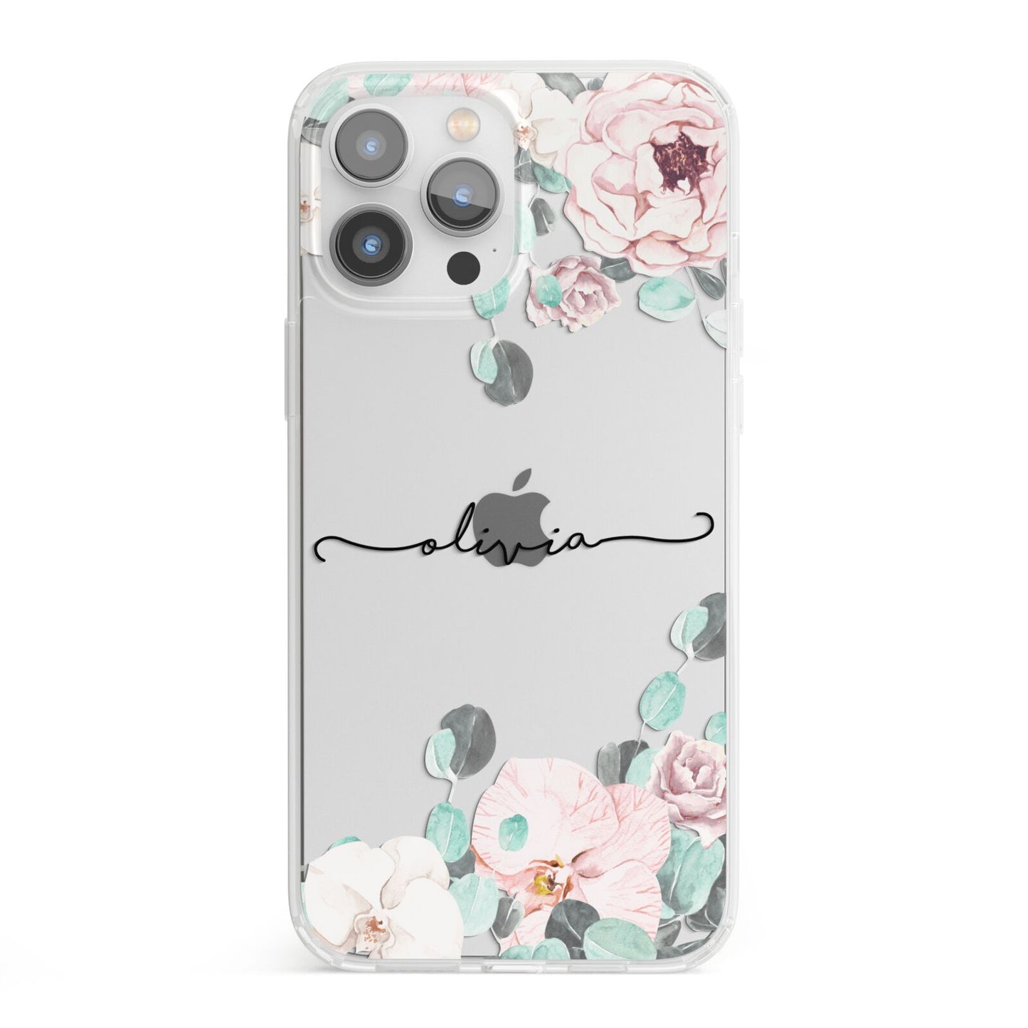 Personalised Pink Flower Name iPhone 13 Pro Max Clear Bumper Case