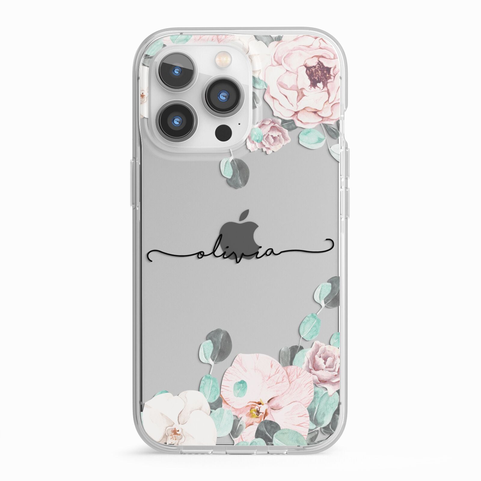 Personalised Pink Flower Name iPhone 13 Pro TPU Impact Case with White Edges