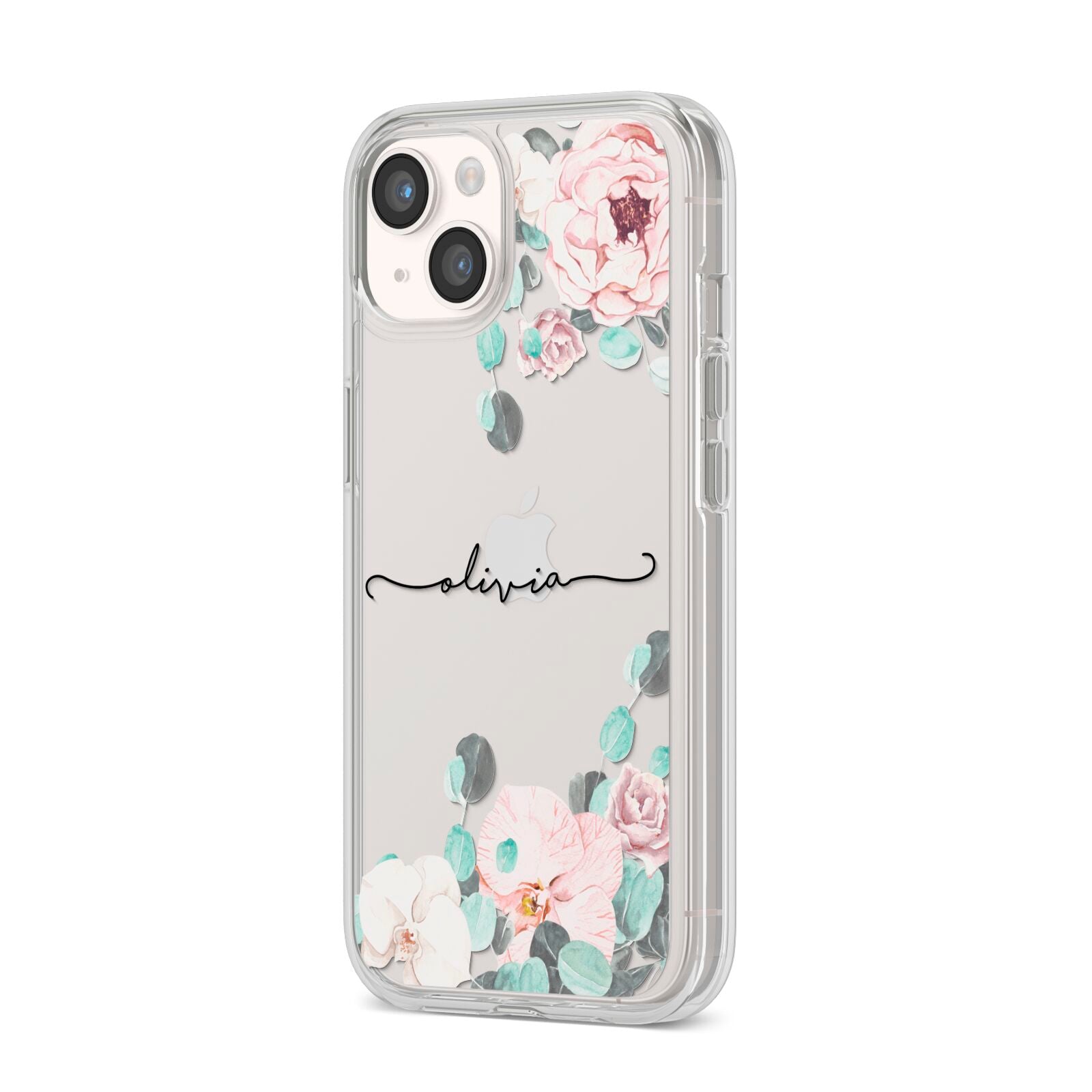 Personalised Pink Flower Name iPhone 14 Clear Tough Case Starlight Angled Image