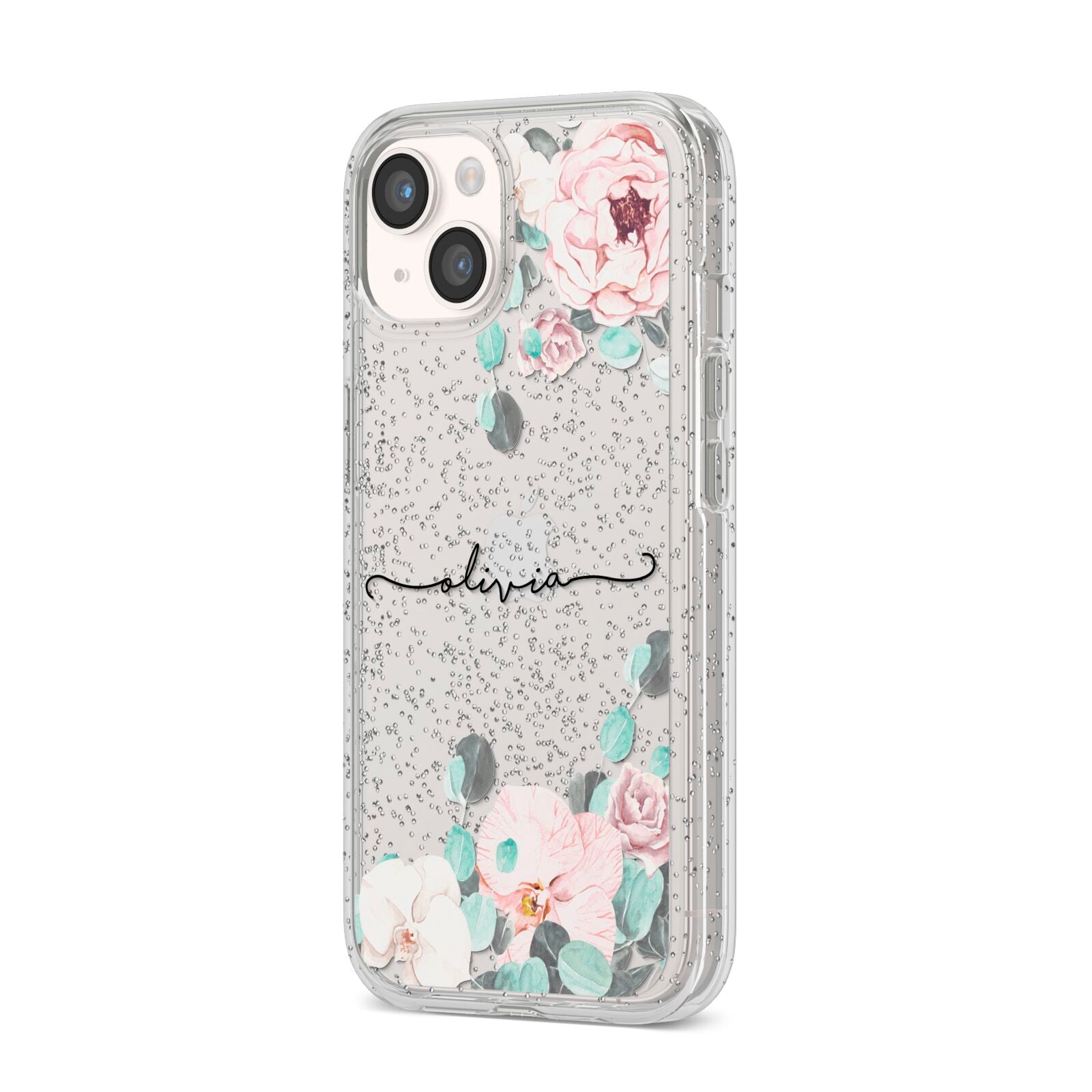 Personalised Pink Flower Name iPhone 14 Glitter Tough Case Starlight Angled Image